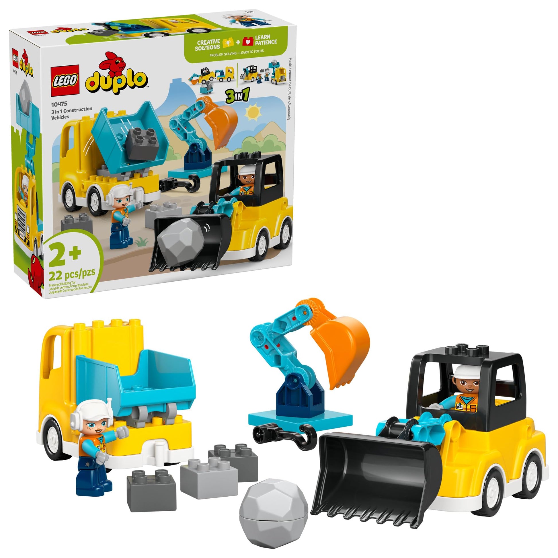 LEGO DUPLO Town 3 in 1 Construction Vehicles Toys for Toddlers - Learning & Pretend Play Set for Boys & Girls, Ages 2+ - Building Blocks for Fine