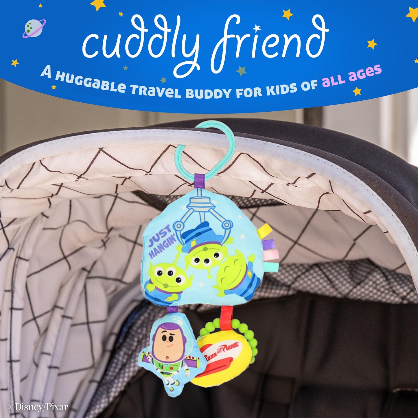 Disney Toy Story The Claw On the Go Jingle Toy with Little Green Aliens, Crinkle Sensory Toy with Teether, Clip-On Baby Travel Activity Toy by Kids