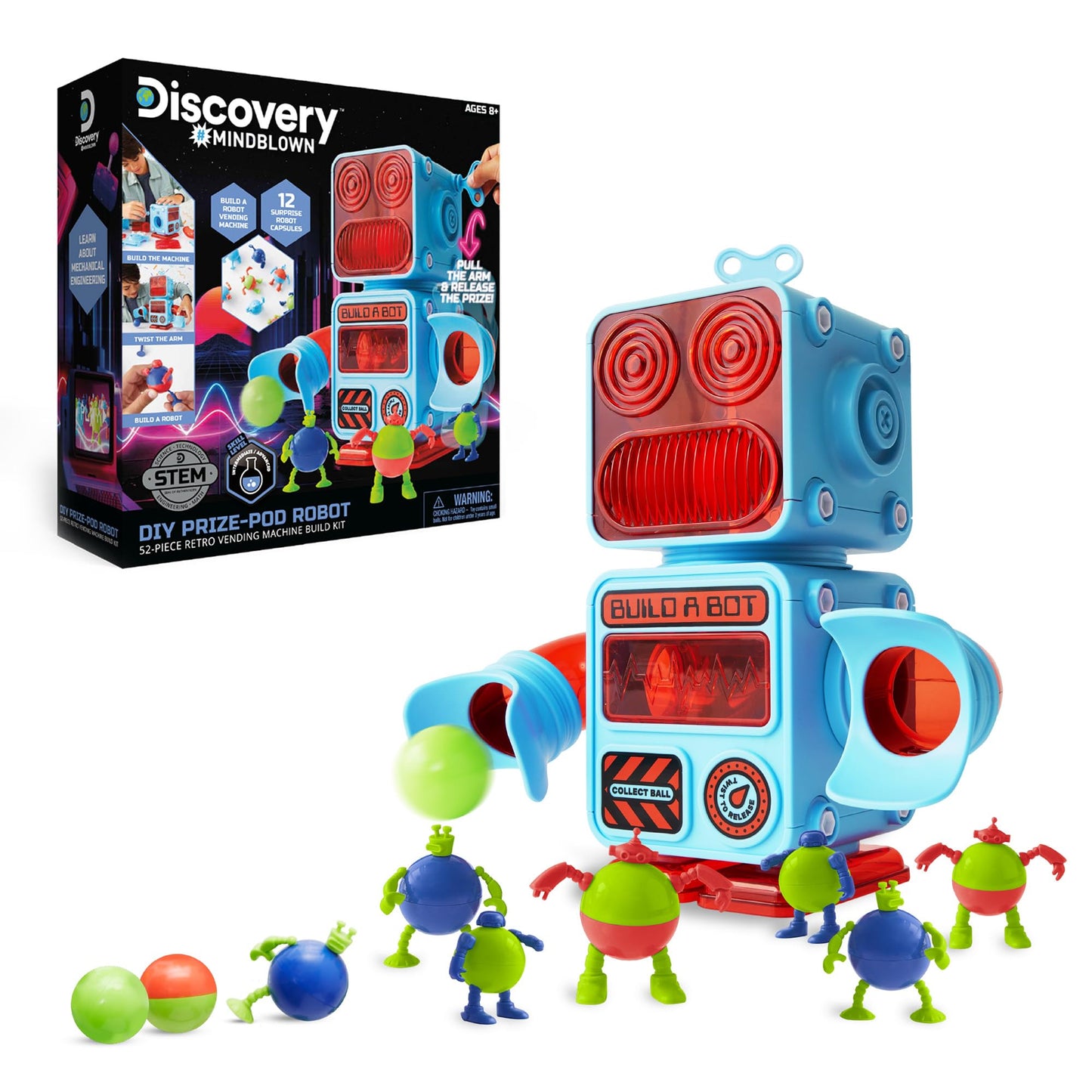 Discovery DIY Prize-Pod Robot Kit, 52-Piece Vending Machine Building Set, 12 Transforming Capsules, Educational Science Experiment, Engineering STEM