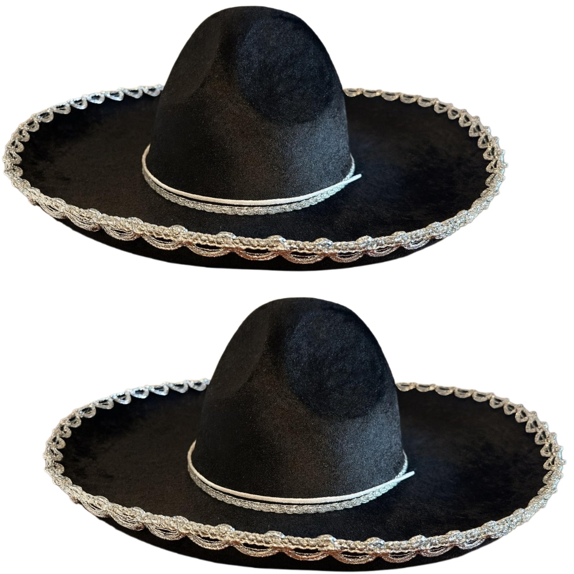 GiftExpress 2 Pack Black Mariachi Sombrero Hat with Silver Trim, Sombrero for Cinco de Mayo, Halloween Costume, Mexican Fiesta Costume
