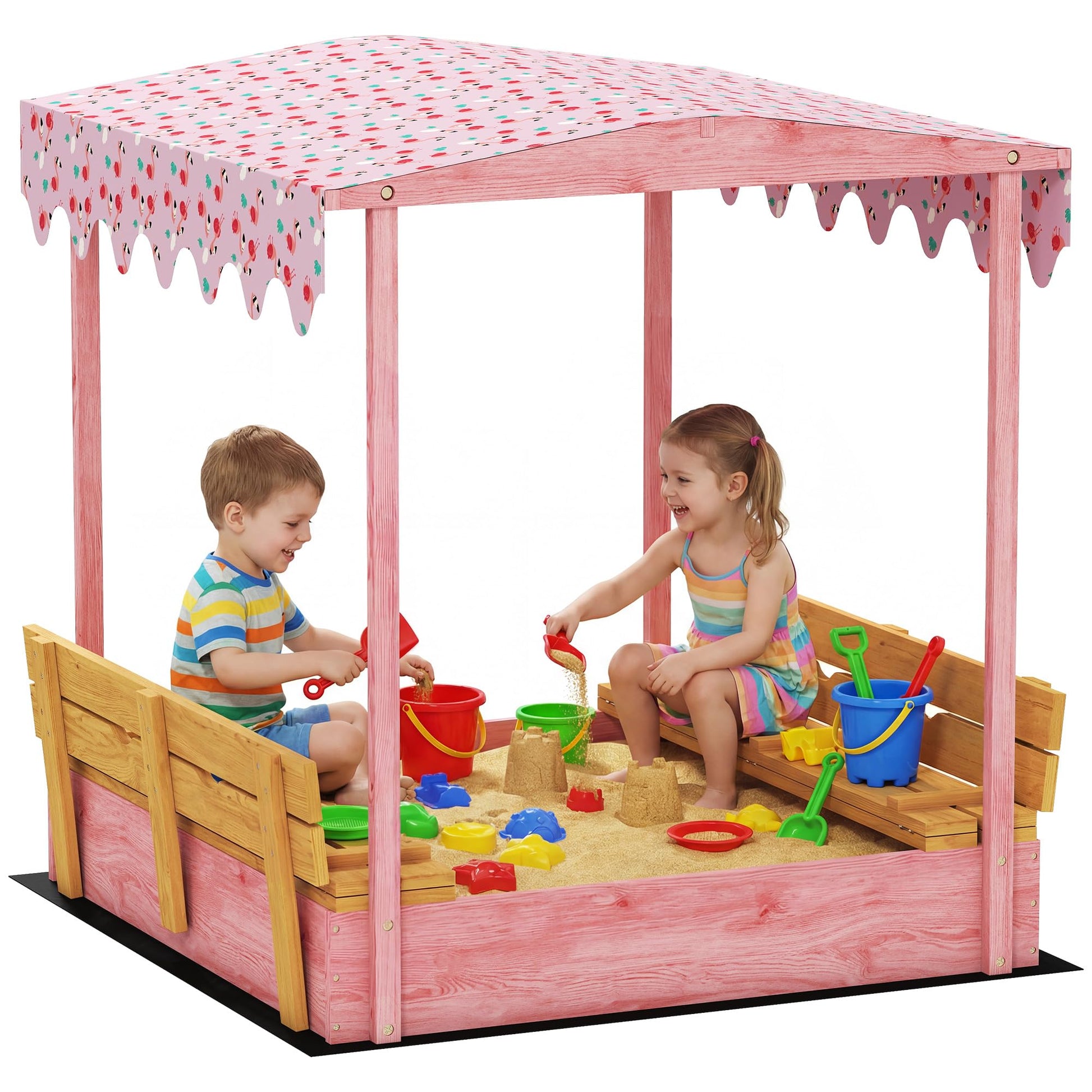 Qaba Wooden Sandbox with Cover Bench Seats Canopy for Kids Ages 3-6 Pink