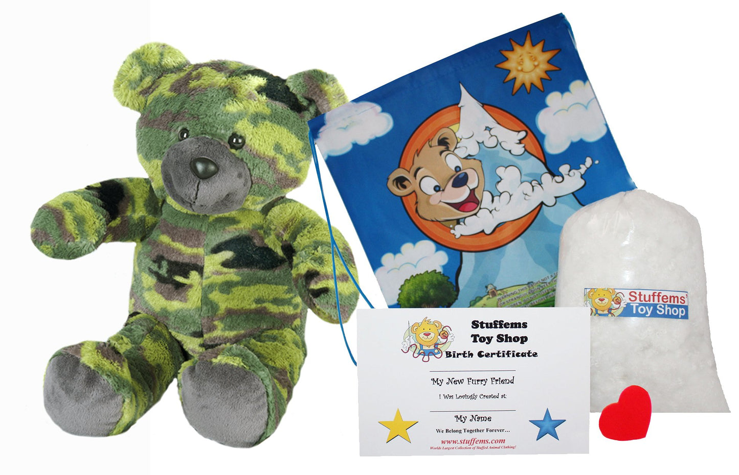Stuffems Toy Shop Make Your Own Stuffed Animal GI Camo Bear Kit 16"- No Sew - Kit with Cute Backpack!