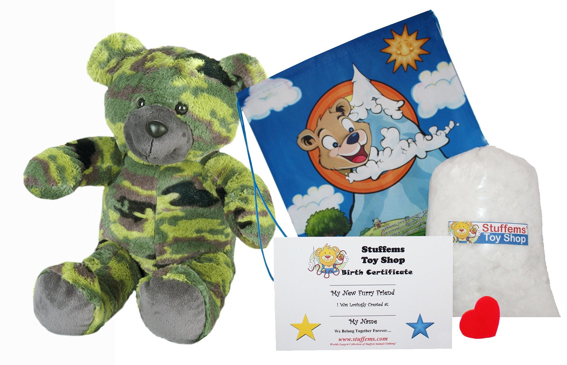 Stuffems Toy Shop Make Your Own Stuffed Animal GI Camo Bear Kit 16"- No Sew - Kit with Cute Backpack!