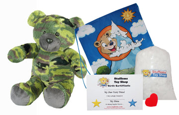 Stuffems Toy Shop Make Your Own Stuffed Animal GI Camo Bear Kit 16"- No Sew - Kit with Cute Backpack!