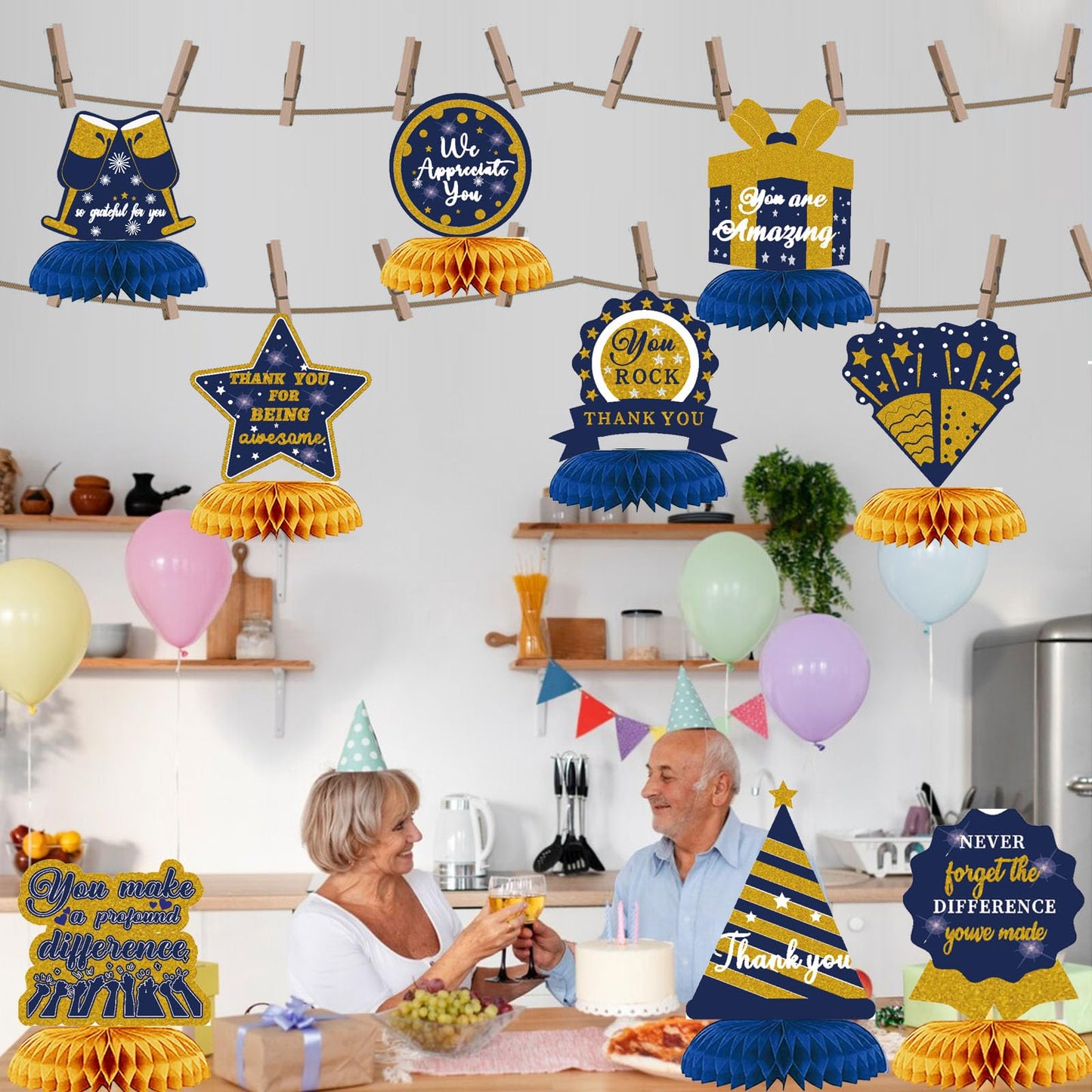 WINPOGEE 9PCS We Appreciate You Honeycomb Centerpieces Blue Gold Glitter Thank You Table Centerpieces Table Topper Decor Teacher Doctor Nurse Employee