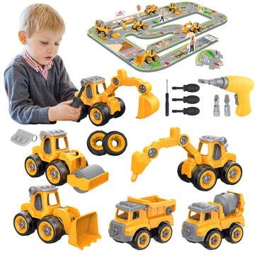 Trovogil Take Apart Construction Truck Excavator Toys for Kids Ages 3-8, STEM Learning Building Toys with Electric Drill & Puzzle Play, Educational
