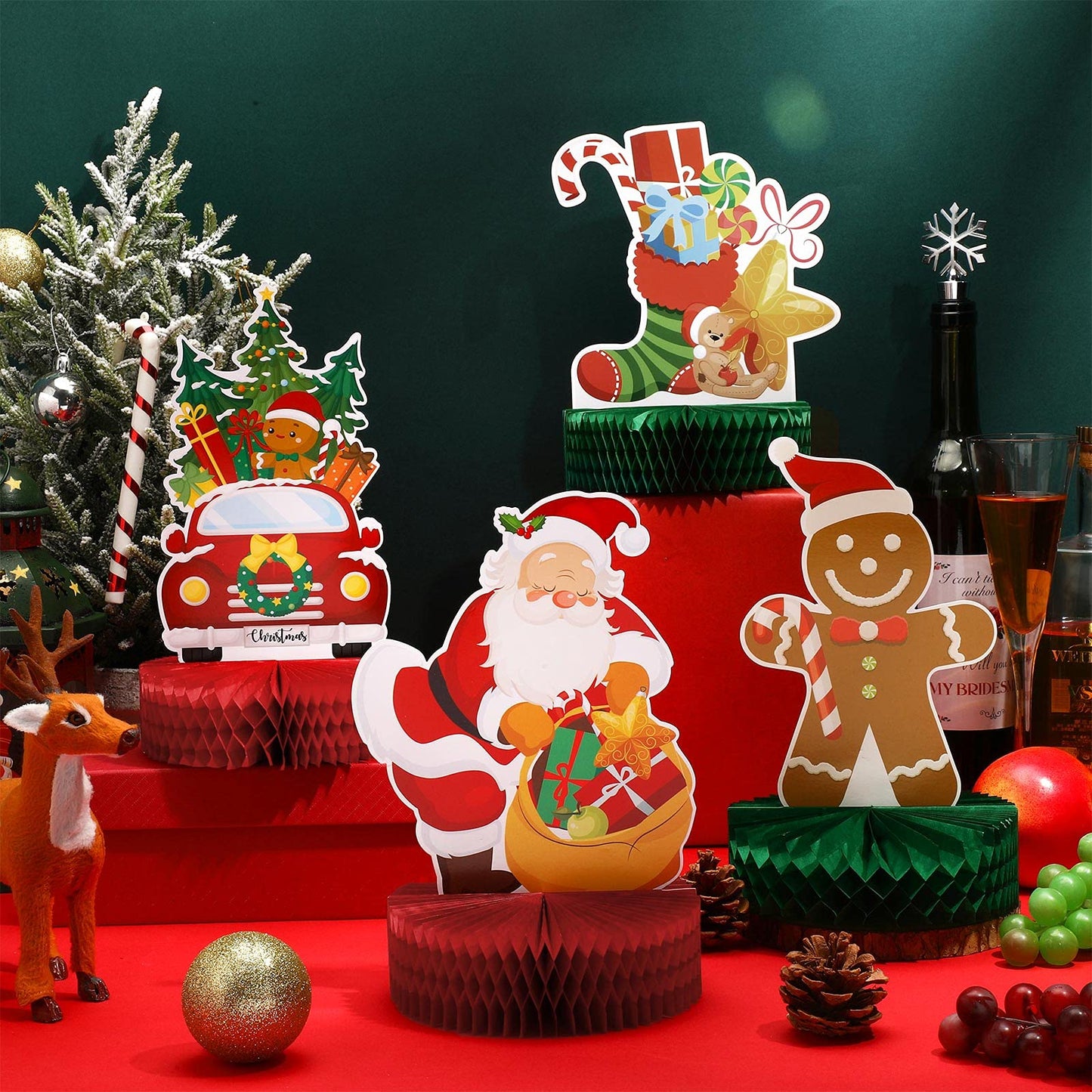 6 Pieces Christmas Table Decorations Honeycomb Centerpieces, Christmas 3D Honeycomb Table Decor, Santa Snowman Topper for Winter Holidays Dining Room