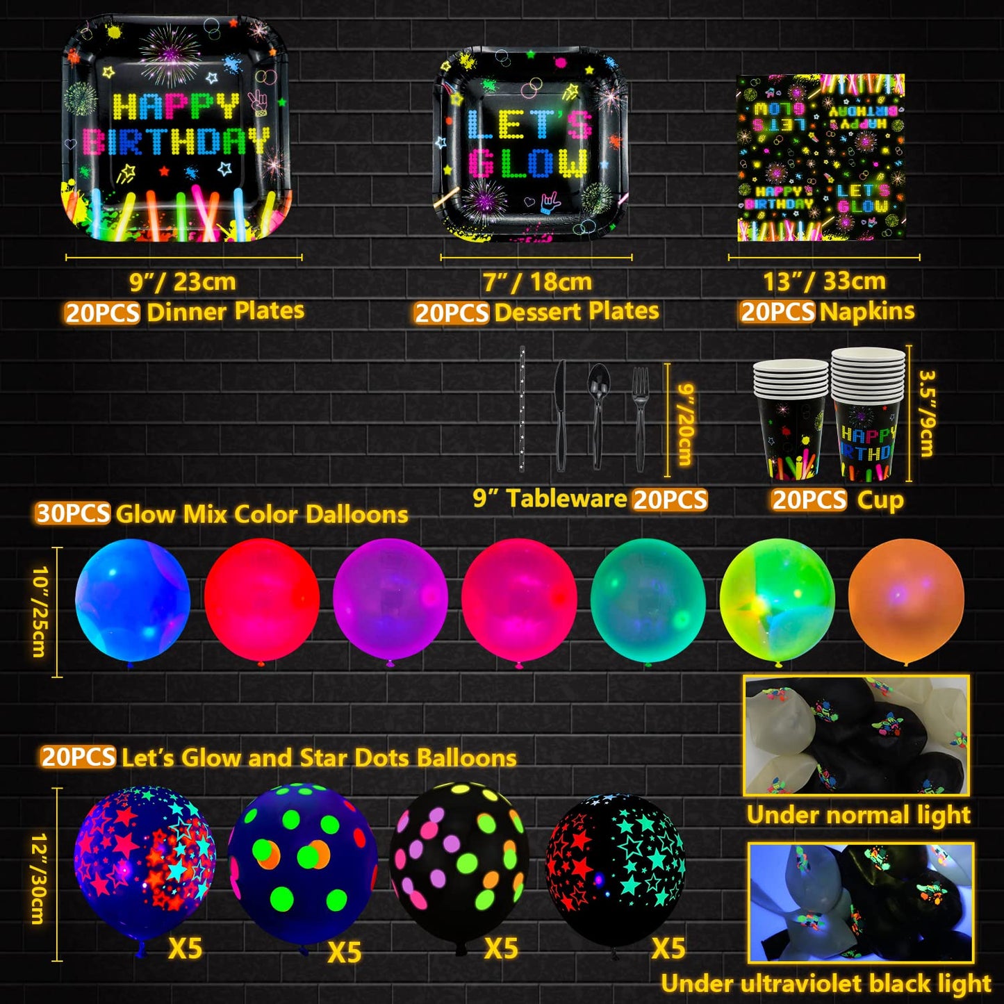 241 PCS Glow Neon Party Supplies Neon Glow Tableware Set Neon Balloon Glow in the Dark Birthday Banner Hanging Star Cake Toppers for Blacklight Party
