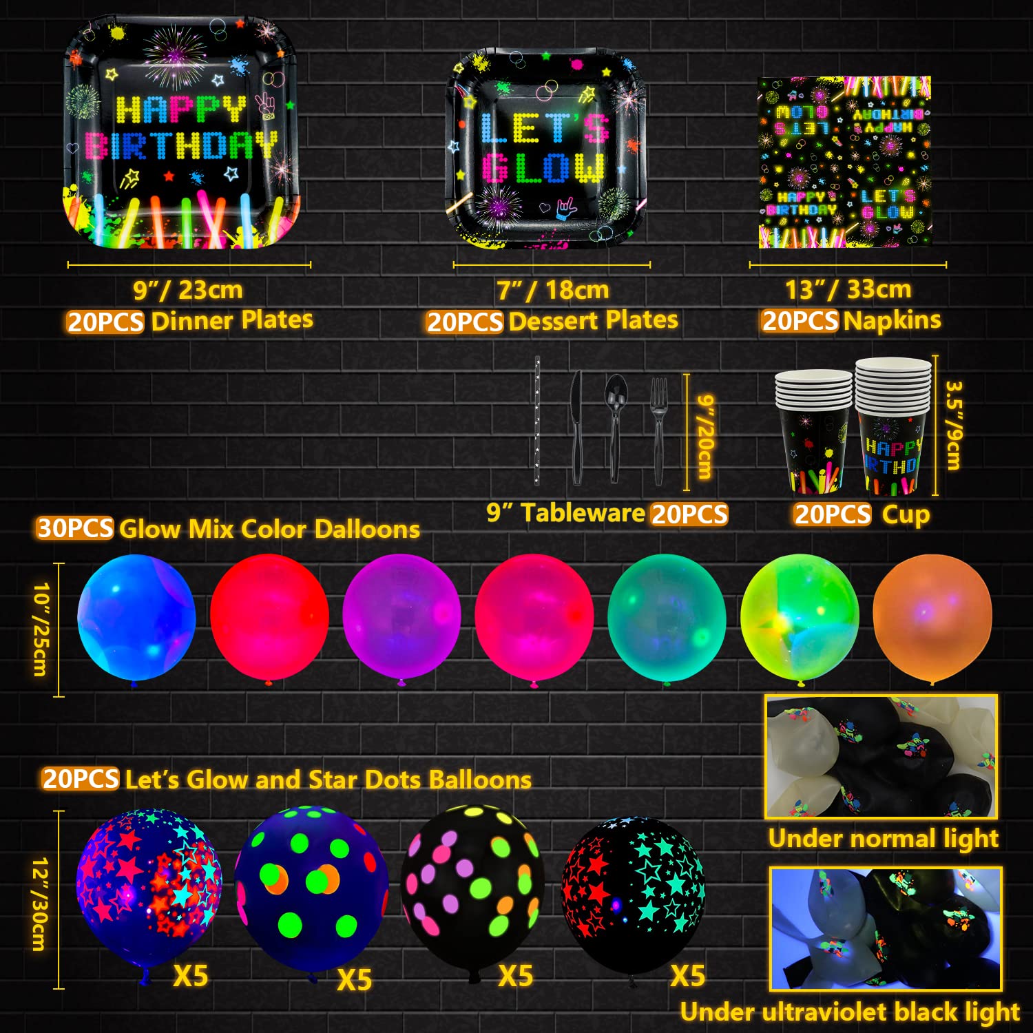 241 PCS Glow Neon Party Supplies Neon Glow Tableware Set Neon Balloon Glow in the Dark Birthday Banner Hanging Star Cake Toppers for Blacklight Party