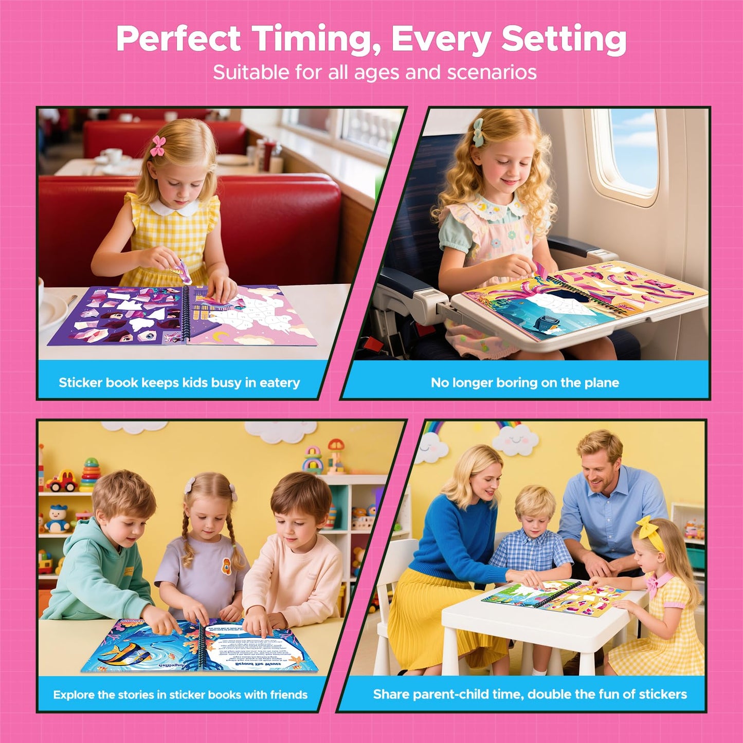 CutteeyFyry 4PCS Paint by Number Sticker Book Travel Activities Essentials Toys for Girls Kids - Road Trip & Airplane & Long Car Rides, Birthday