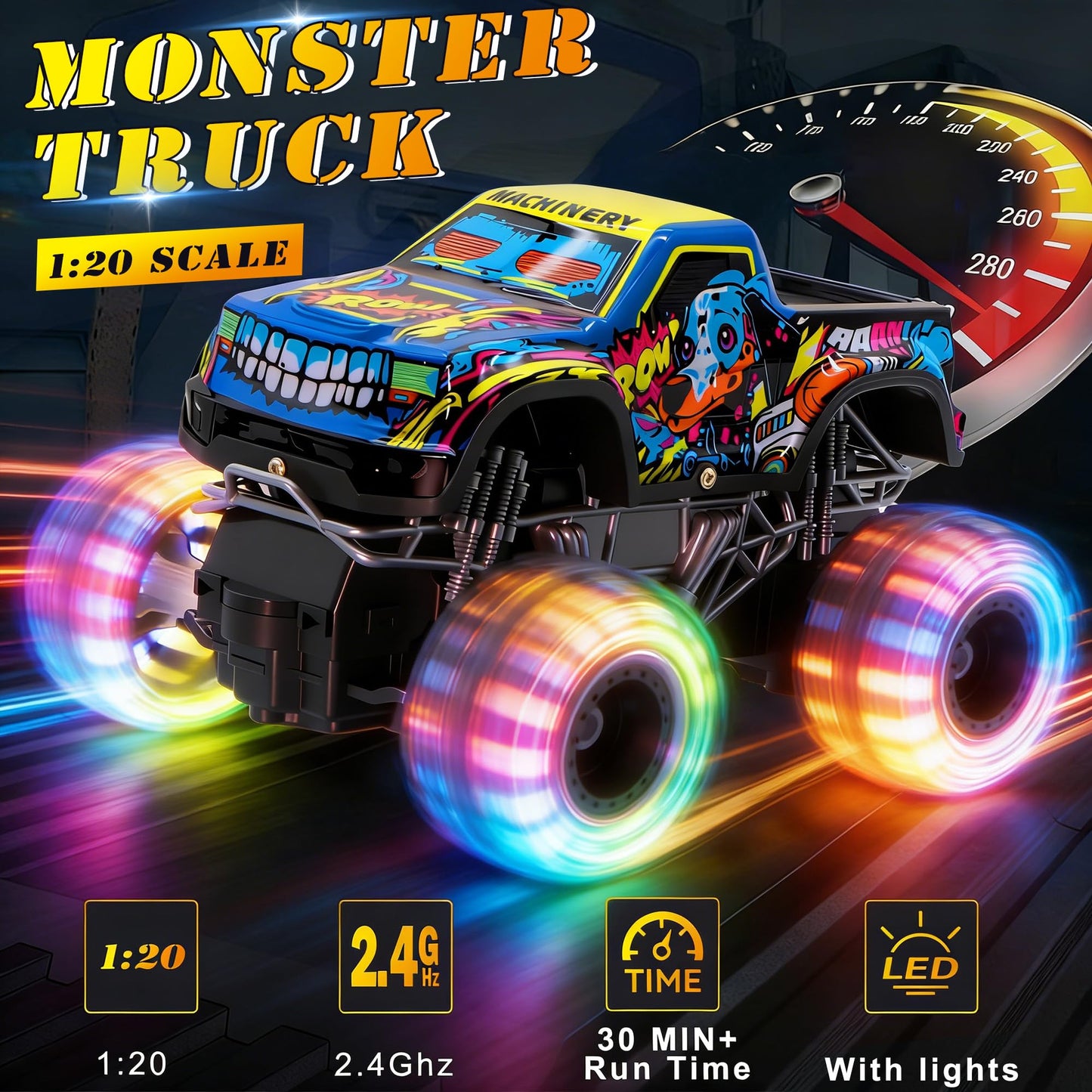 Remote Control Monster Truck Toys for Kids, 1:20 Scale 2.4GHz RC Car with Lights, All Terrain Rechargeable RC Truck with 2 Rechargeable Batteries, Toy