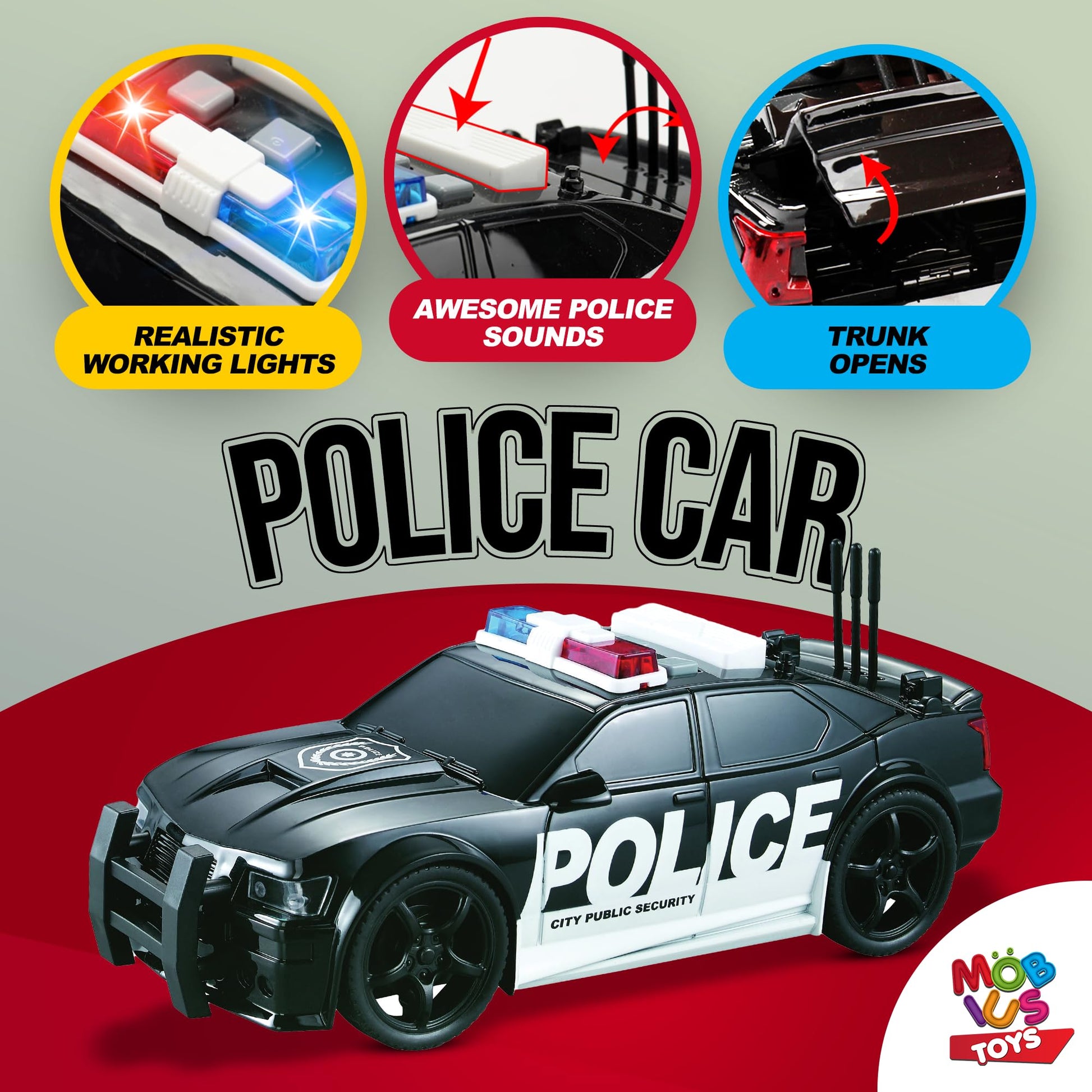 MOBIUS Toys Police Car PlaySet - Push-and-Go Police Vehicle with Lights, Sirens & Sounds - Durable BPA-Free Rescue Car for Kids Ages 3-7 - Educational