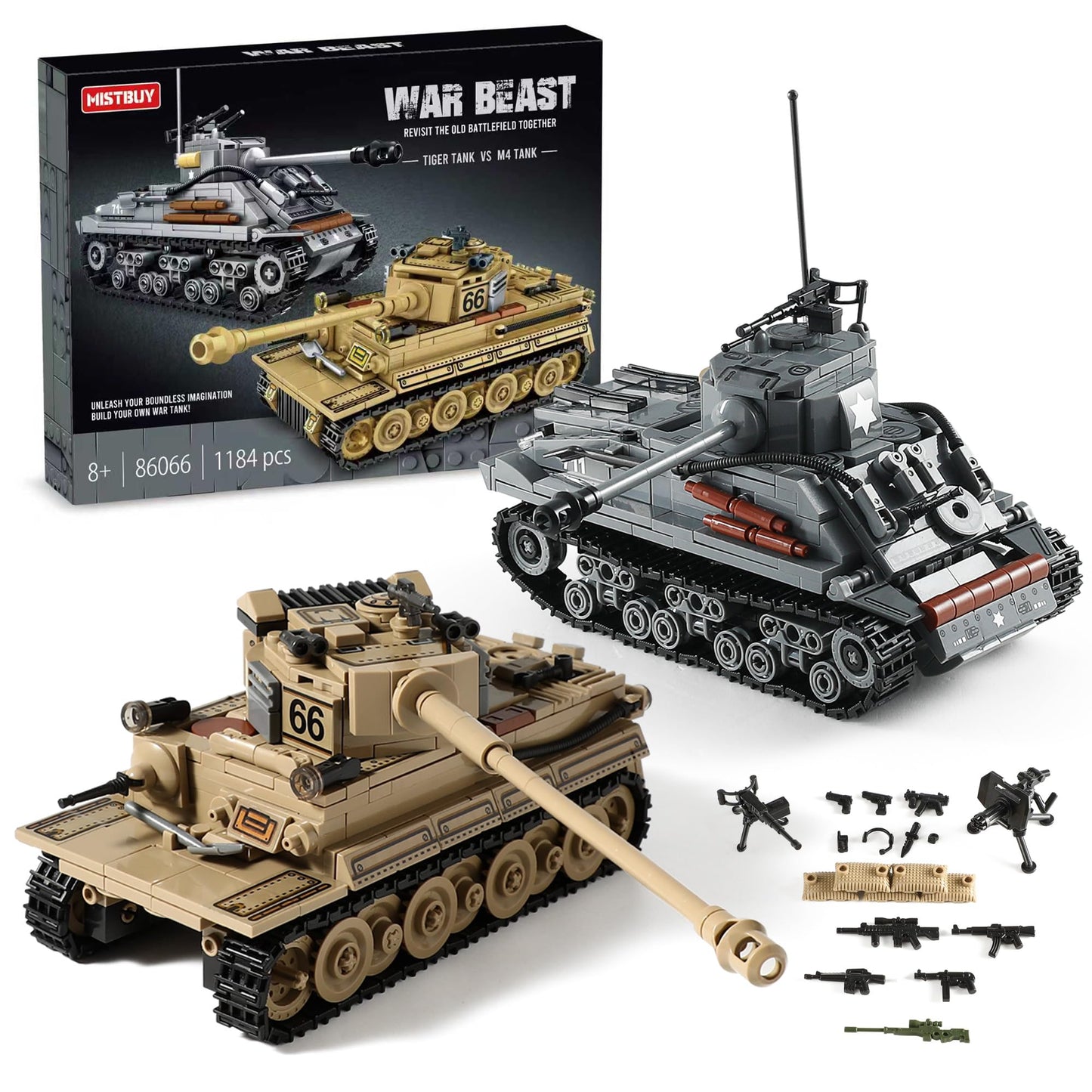 WW2 Army Tank Toys Building Kit Compatible with Lego, Create a German Tiger & an American M4 Sherman Models with 1184 Blocks, Great Military Toy Gifts