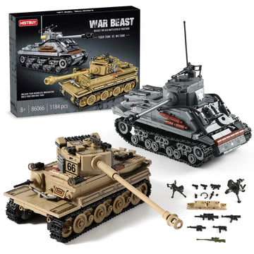 WW2 Army Tank Toys Building Kit Compatible with Lego, Create a German Tiger & an American M4 Sherman Models with 1184 Blocks, Great Military Toy Gifts