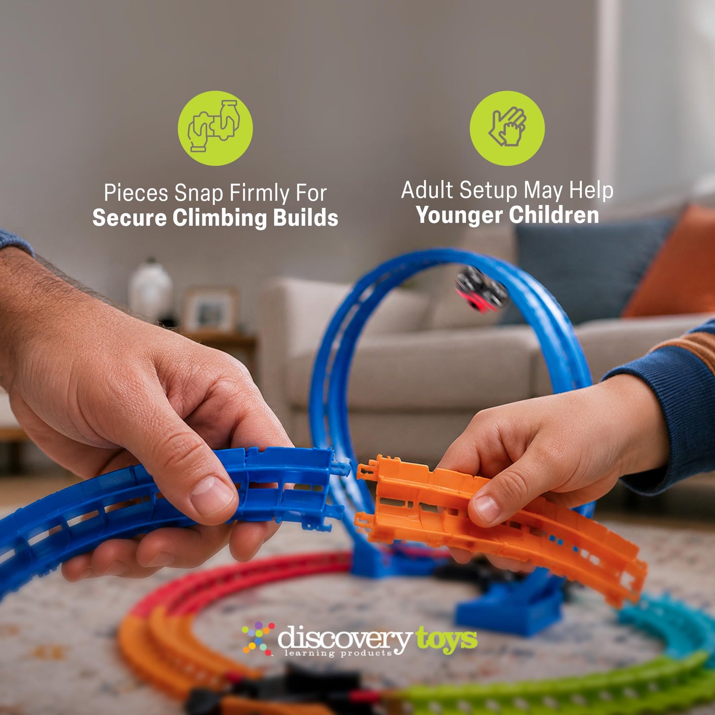 Discovery Toys Crazy Climb Track | Flexible Race Track Set with LED Light-Up Car | 144 Track Pieces with 2 Interchangeable Car Shells | Custom