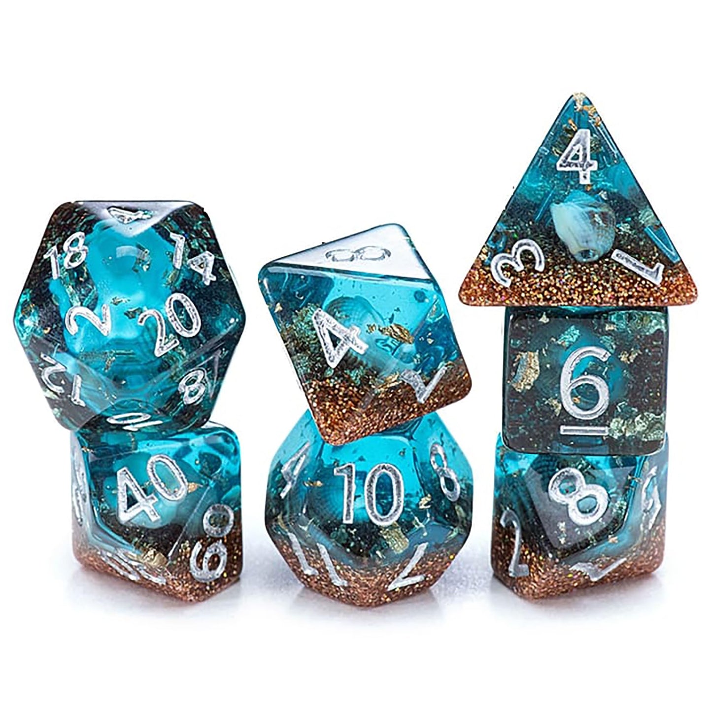 Gate Keeper Games and Dice: Inclusion Dice: Biome - Deep Sea - 7pc Set, Aquatic Blue, Sand & Conch Shell Inclusion, 7 Resin Dice for Role Playing
