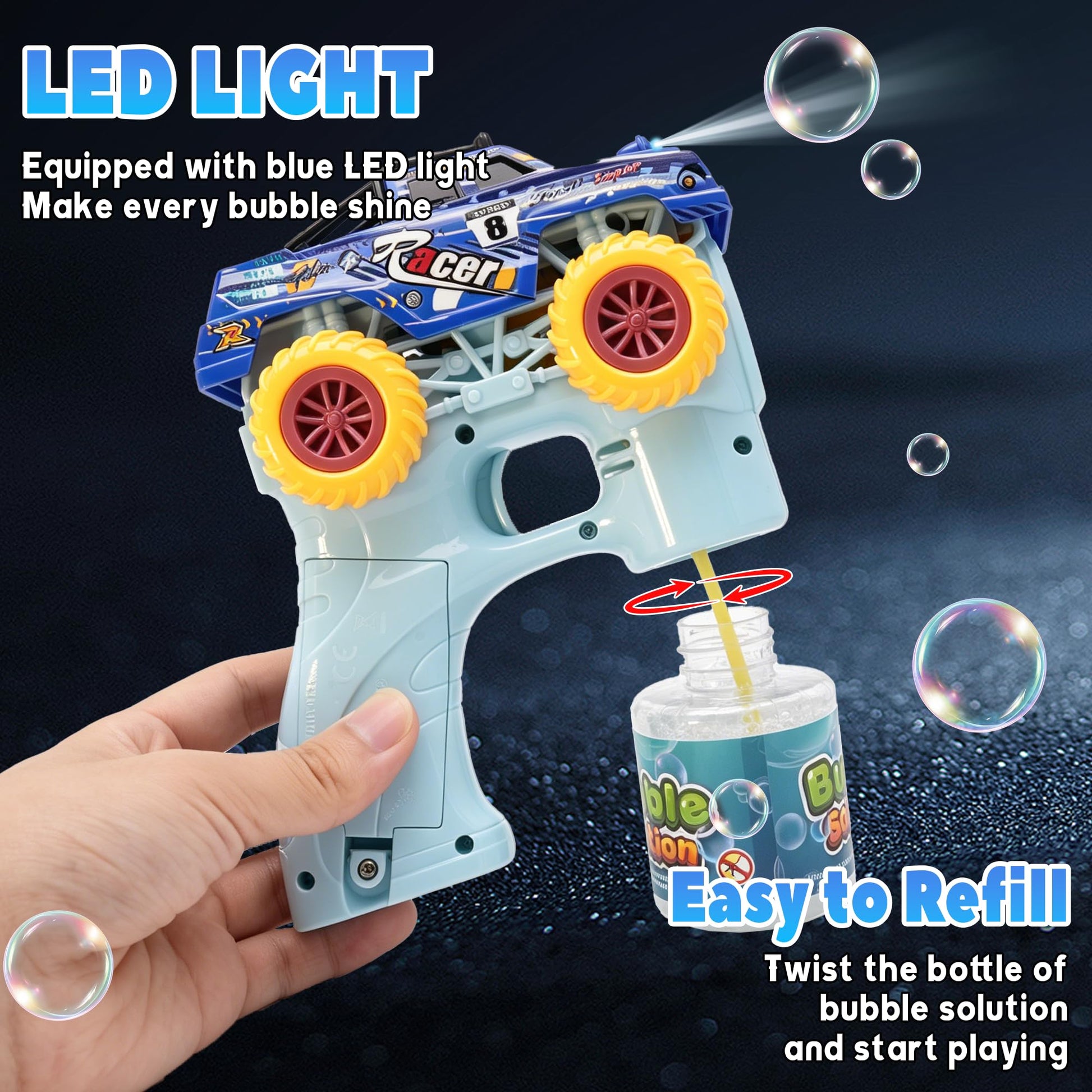 Monster Truck Bubble Gun for Kids, Automatic Bubble with LED Lights,Blue