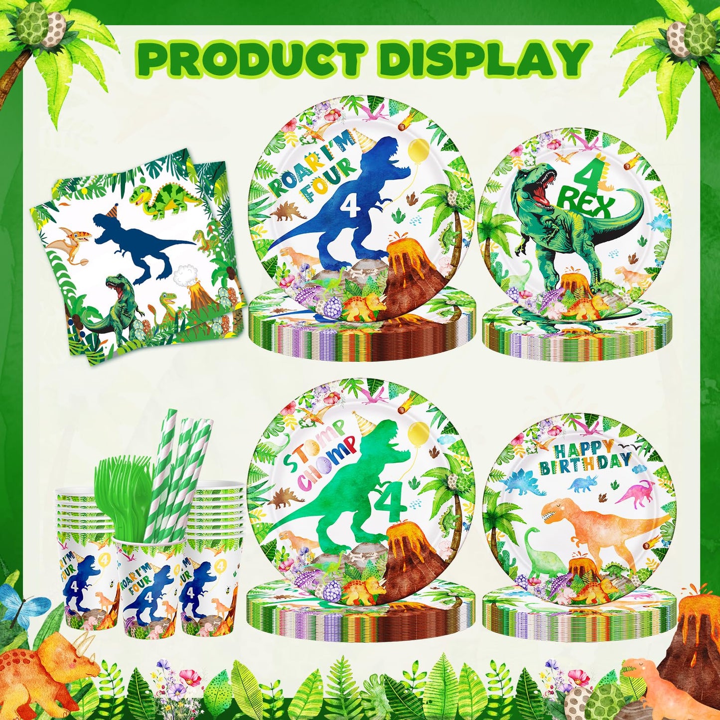 148ps Roar I’m Four Dinosaur 4th Birthday Decorations Boy Dinosaur 4th Bday Tableware Jungle T-rex 4 Rex Dino Plates Napkins Cups Banner Tablecloth