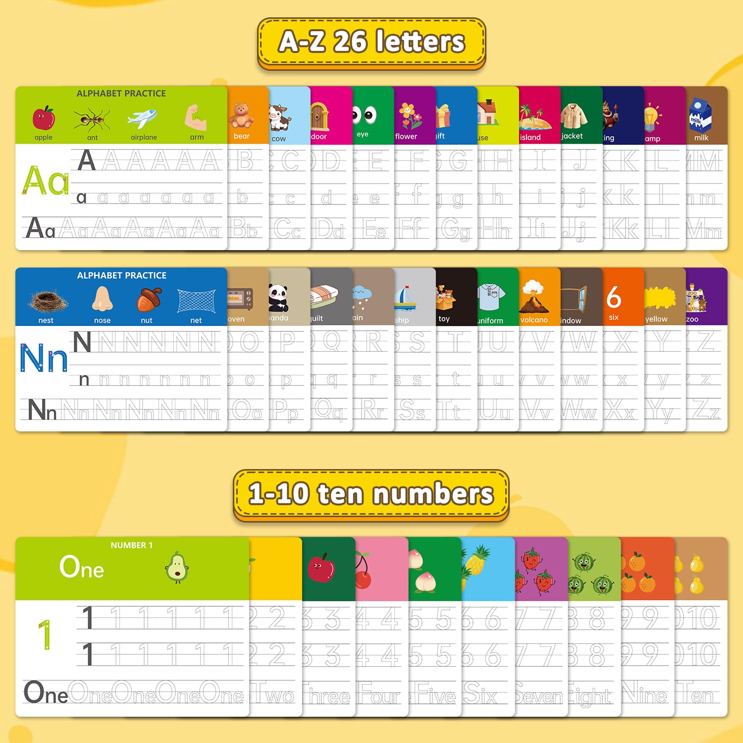 Dry Erase Alphabet & Number Practice Boards for Kids - A-Z Letters & Numbers 1-10, 18 Double-Sided Reusable Sheets (36 Pages), 11x8.5, Preschool