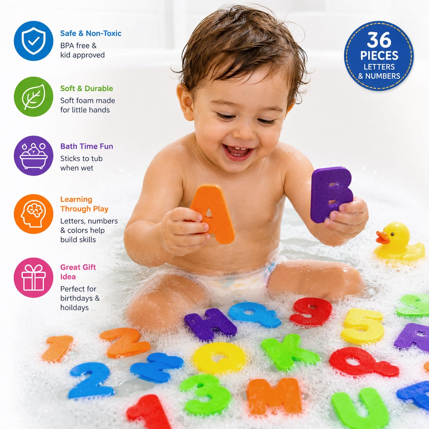 BabyBibi 36 PCS Stick-On Foam Letters & Numbers - Non-Toxic, BPA Free, No Mold Tub Toys - Colorful, Educational, Fun ABC Learning for Toddlers