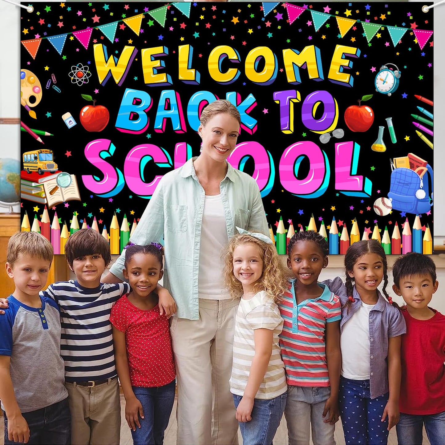 Fomoneyli Welcome Back to School Banner Backdrop, Back to School Decorations for Classroom School, First Day of School Banner Backdrop, Welcome Back