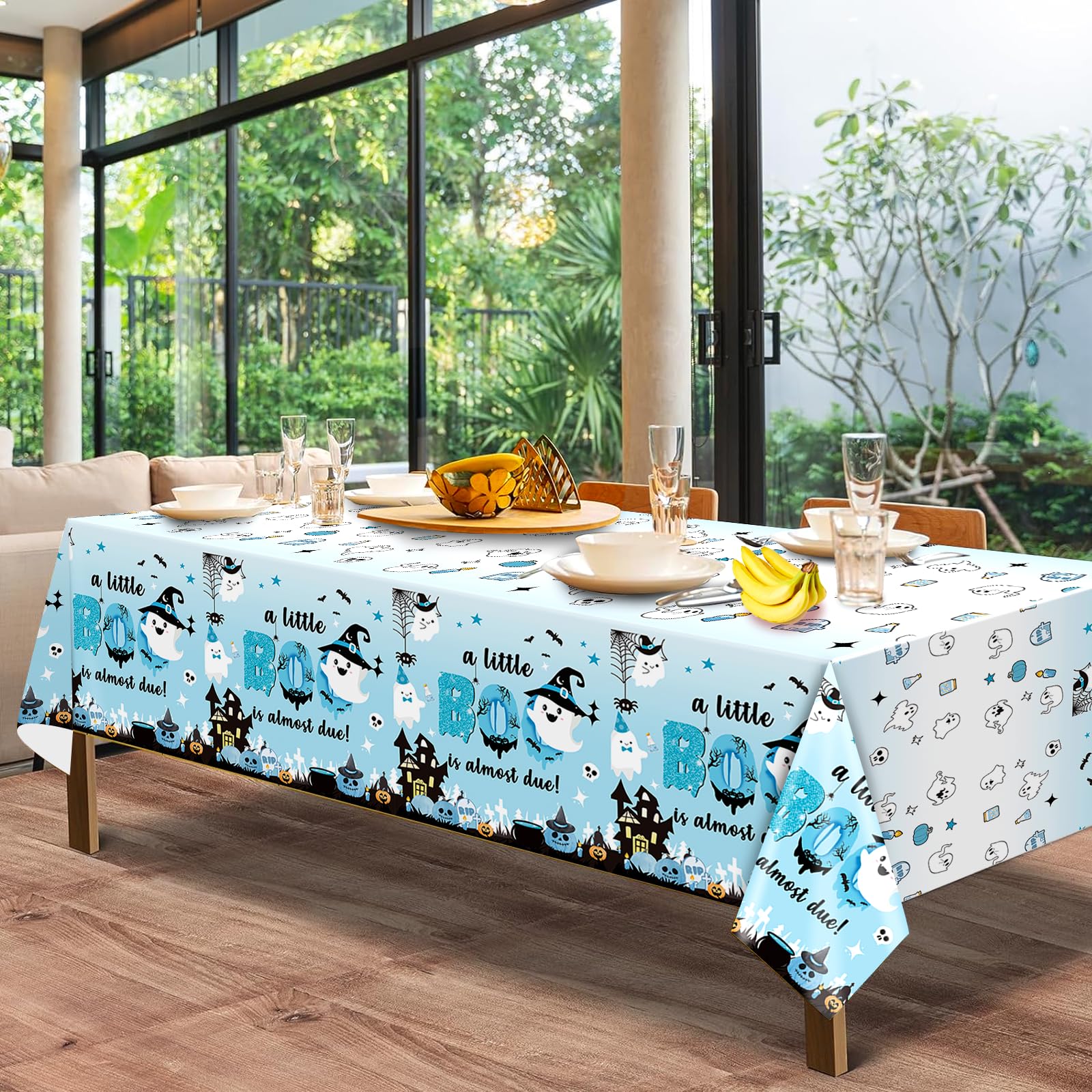 Yavxzvbw 3Pcs A Little Boo is Almost Due Baby Shower Boy Halloween Tablecloth Little Boo Baby Shower Decorations Boy for Blue Halloween Baby Shower