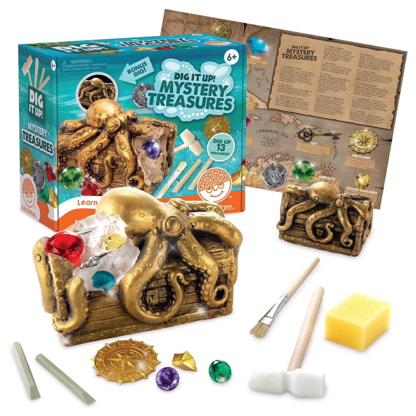 MindWare Dig It Up Discoveries Pirate Mystery Treasure Chest: Giant Discovery Project for Kids - Dig Up 13 Treasures - Includes a Bonus Dig, 2 Chisels