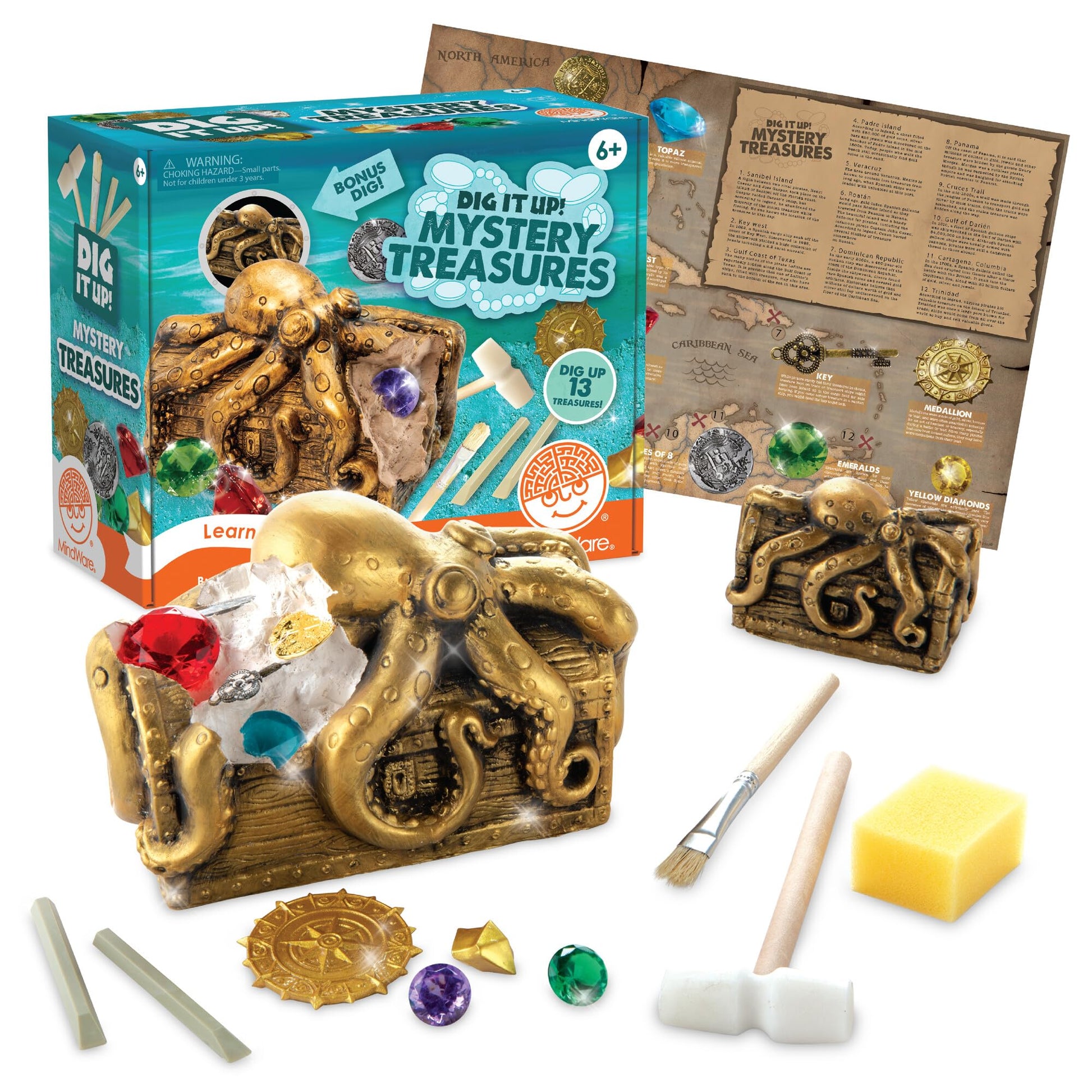 MindWare Dig It Up Discoveries Pirate Mystery Treasure Chest: Giant Discovery Project for Kids - Dig Up 13 Treasures - Includes a Bonus Dig, 2 Chisels