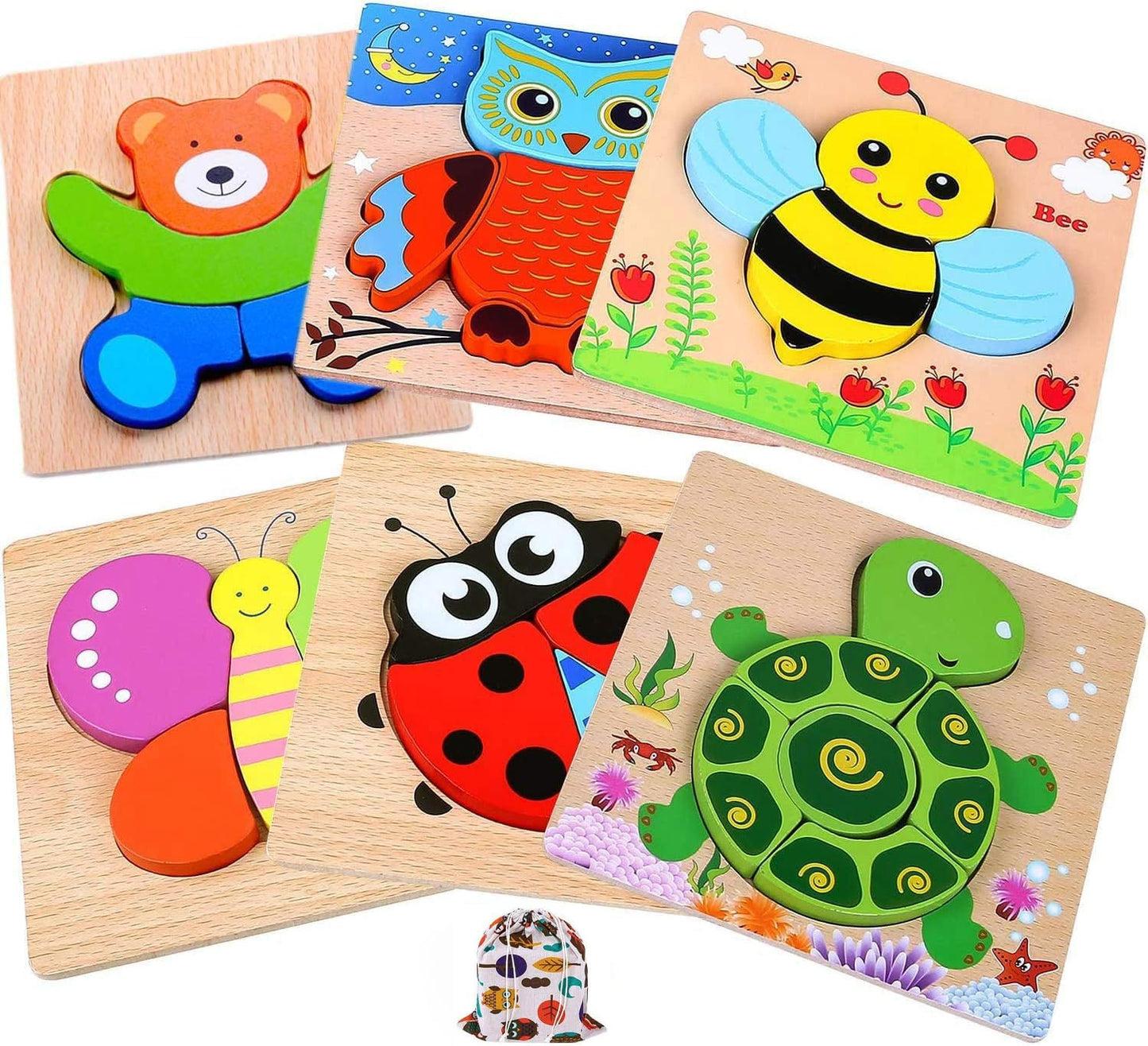 Wooden Puzzles Toddler, 6 Pack Animal Jigsaw Puzzles Montessori Toys for Kids Baby Boys Girls Brain Development Preschool Learning Educational Toy
