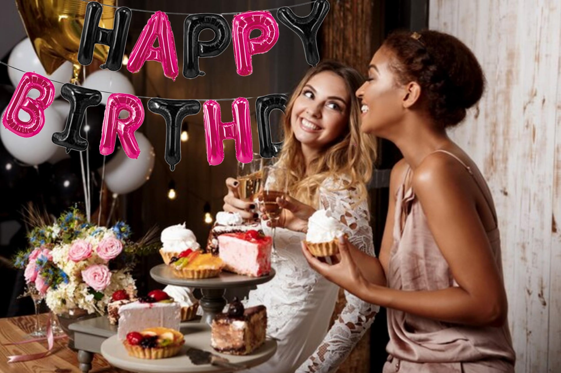 Happy Birthday Balloons Banner Black & Hot Pink 16 Inch for Kids and Adults Birthday Party Decorations Supplies