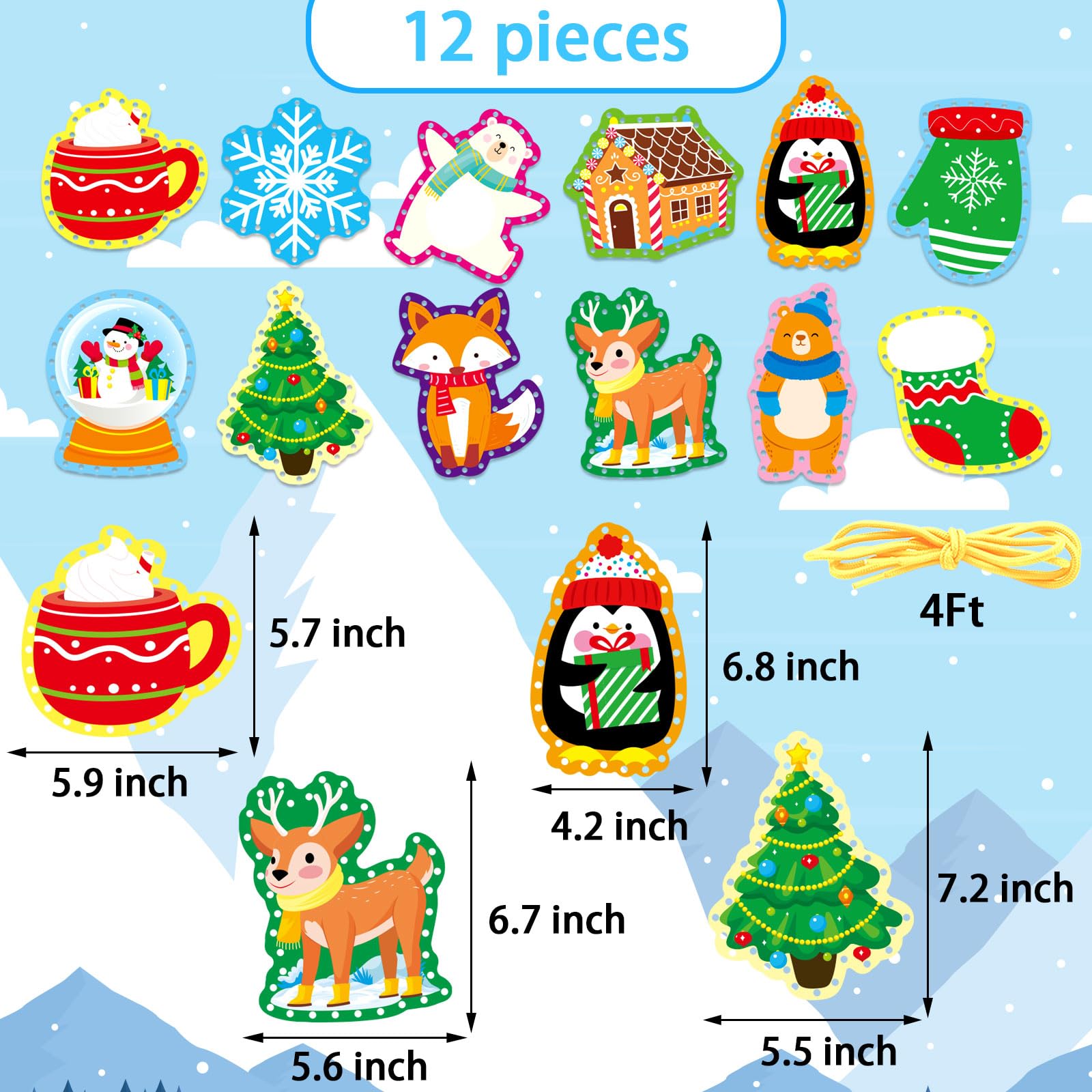 Winter Animal Lacing Cards 12 Packs Sewing Kits for Kids Christmas Cardboard Sewing Cards Lacing Games for Developing Imagination School Learning