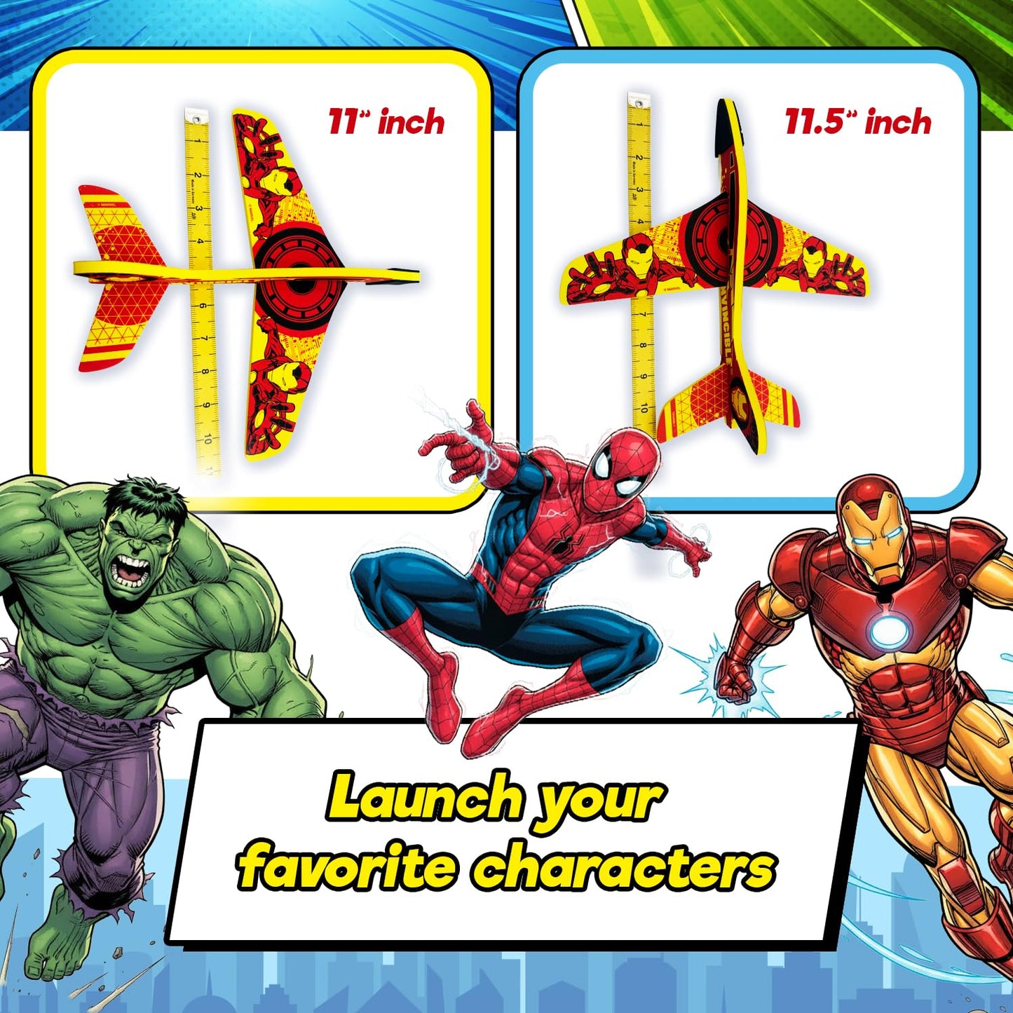 JA-RU Marvel Foam Glider Toy. Launching Airplane Toy For Kids. Glides & Dives High. (Pack of 3) with Spiderman, Hulk, & Iron Man. Classroom Prize, Gag
