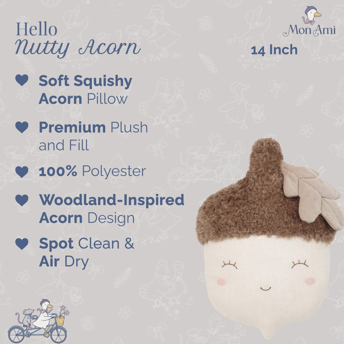 MON AMI Nutty Acorn 14-Inch Plush Pillow Toy, Soft Woodland Décor Gift