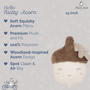 MON AMI Nutty Acorn 14-Inch Plush Pillow Toy, Soft Woodland Décor Gift