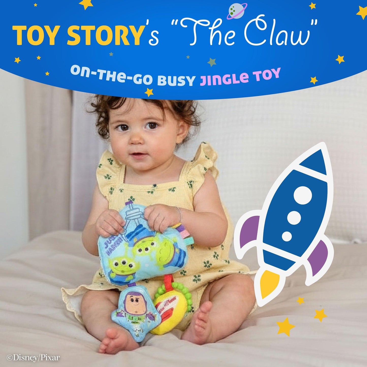 Disney Toy Story The Claw On the Go Jingle Toy with Little Green Aliens, Crinkle Sensory Toy with Teether, Clip-On Baby Travel Activity Toy by Kids