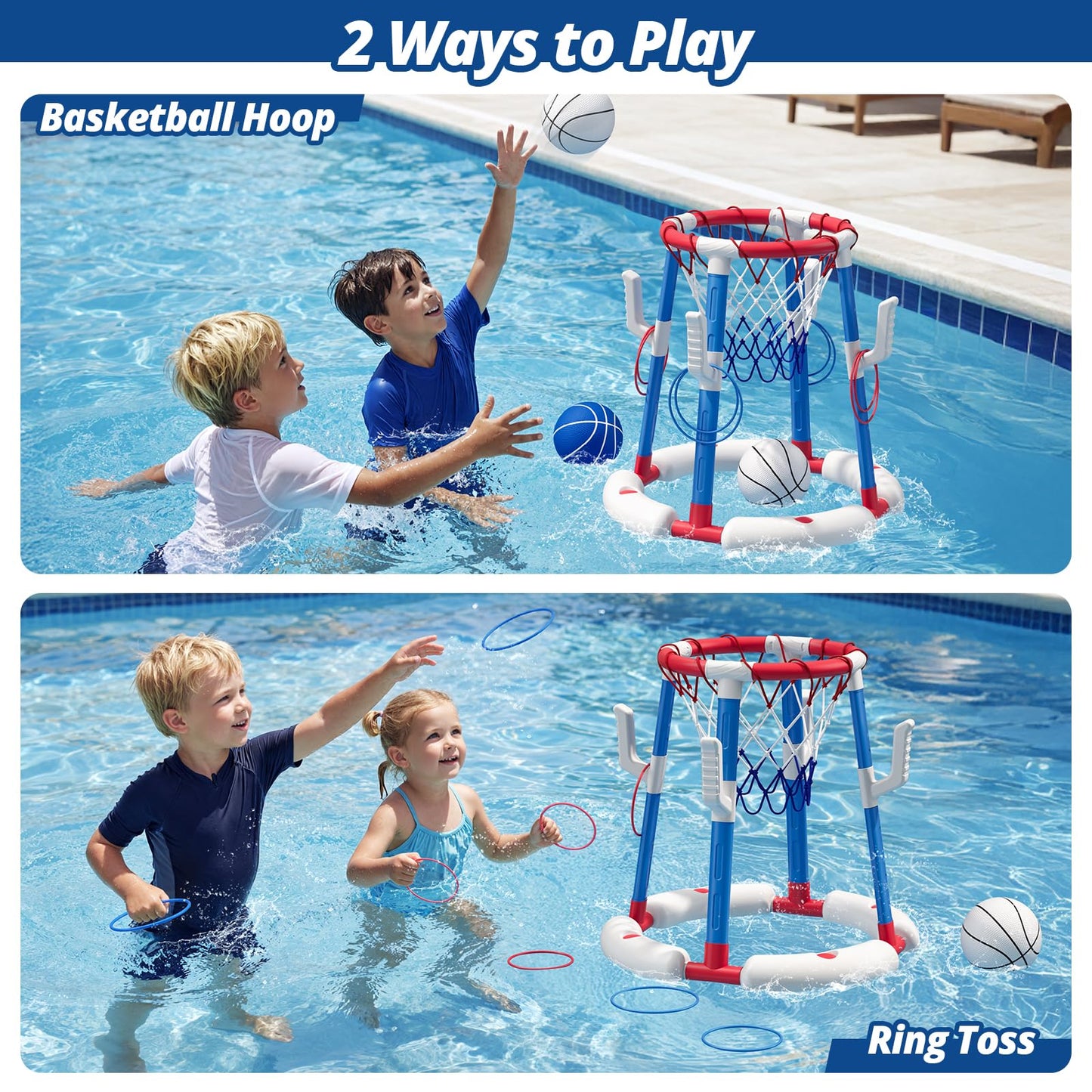 2-in-1 Pool Basketball Hoop & Ring Toss Game, Floating Pool Toys for Kids