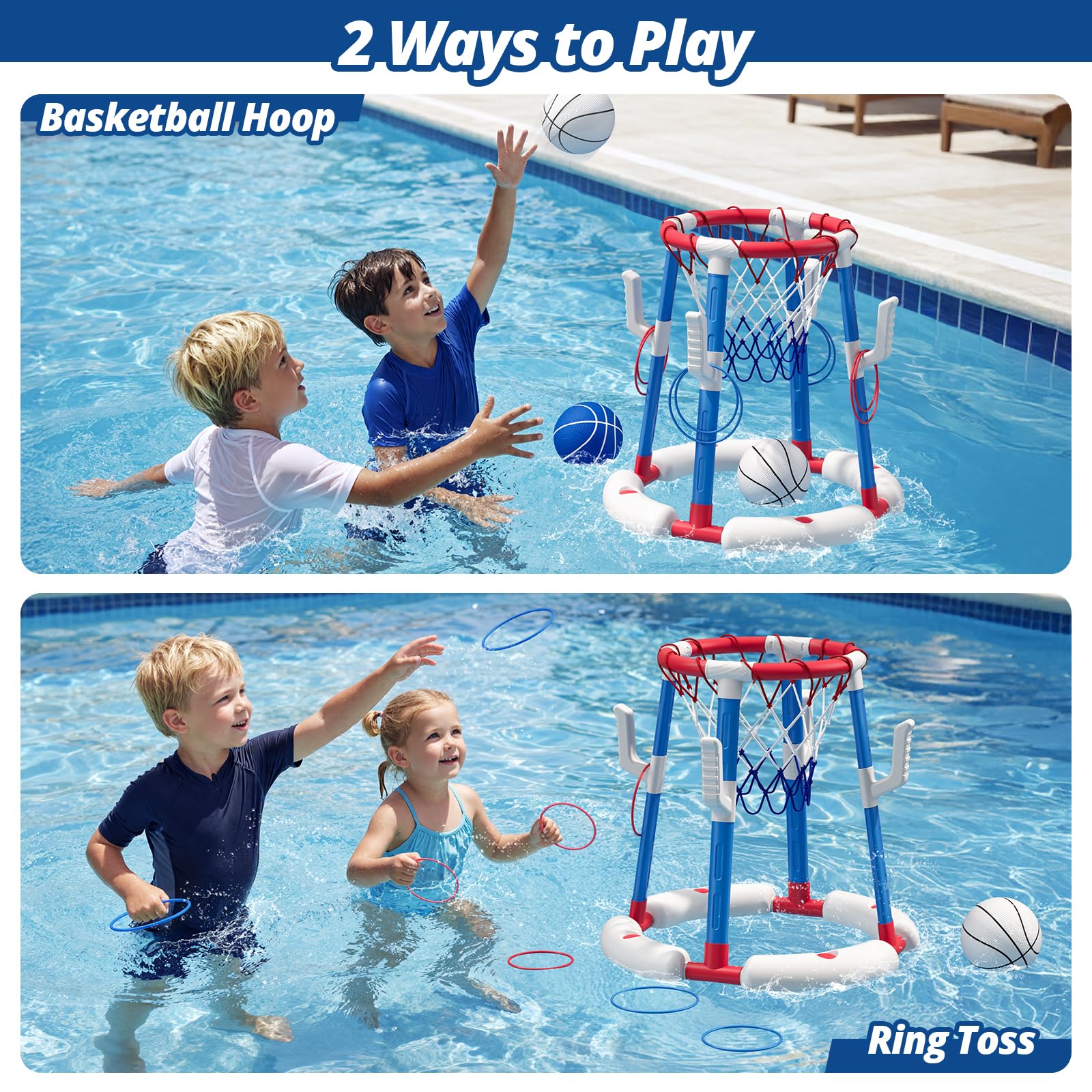 2-in-1 Pool Basketball Hoop & Ring Toss Game, Floating Pool Toys for Kids