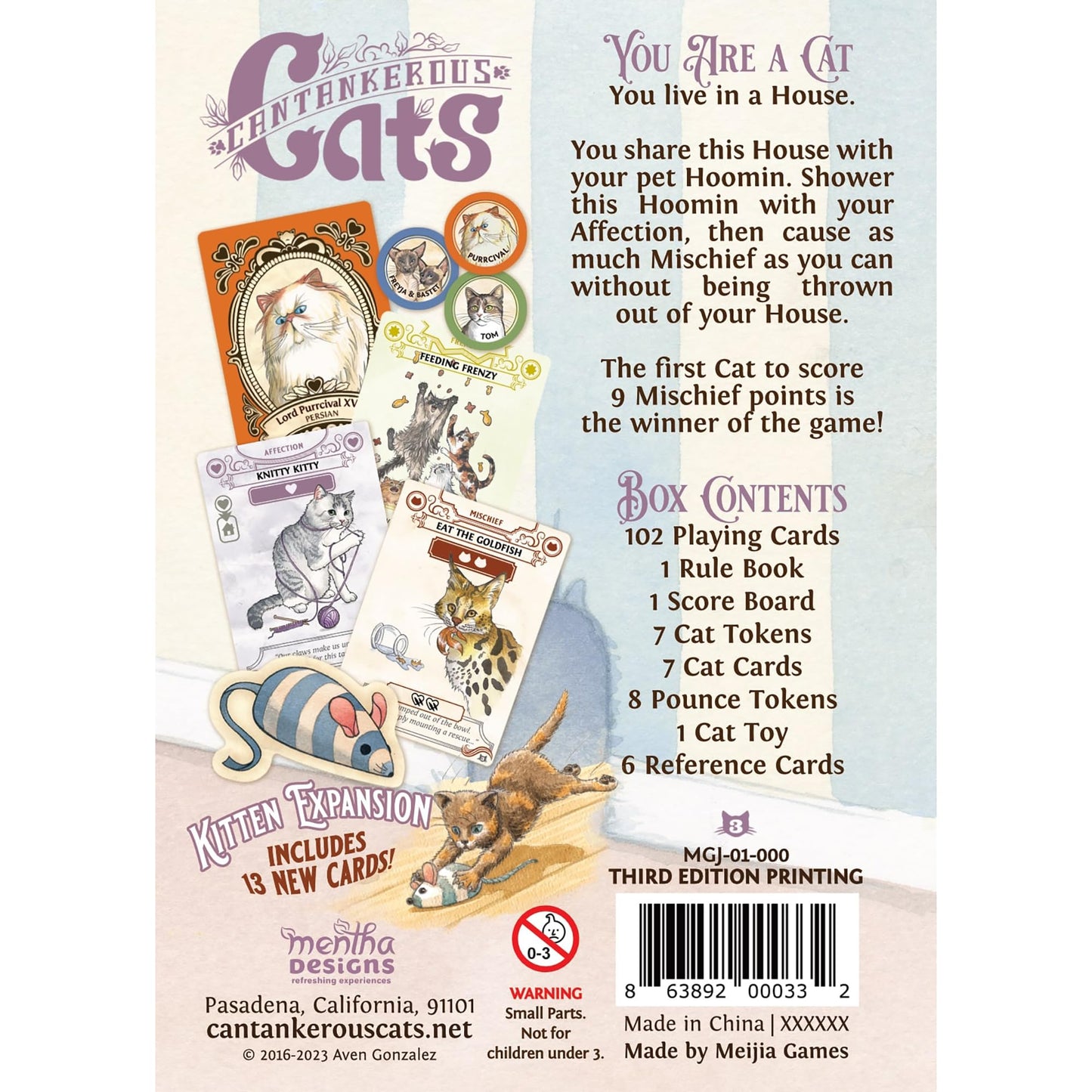 Mentha Designs: Cantankerous Cats 3rd Edition - Cute Take-that Card Game, Mischief & Cunning Hand Management Party Game, Age 10+, 2-6 Players, 25+ Min