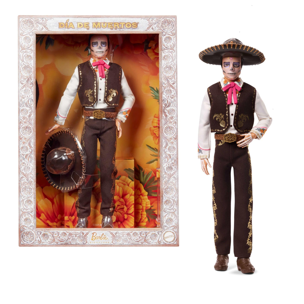 Barbie Signature Ken Doll, Día De Muertos 2025 Collectible with Cream Shirt, Black Vest and Trousers, Sombrero and Calavera Face Paint