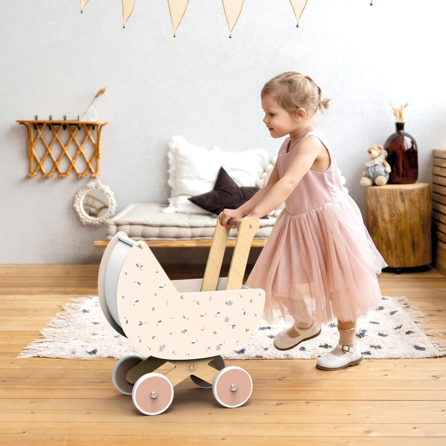 SPEEDY MONKEY Wooden Doll Stroller Pram Pretend Play Push Toy Toddlers