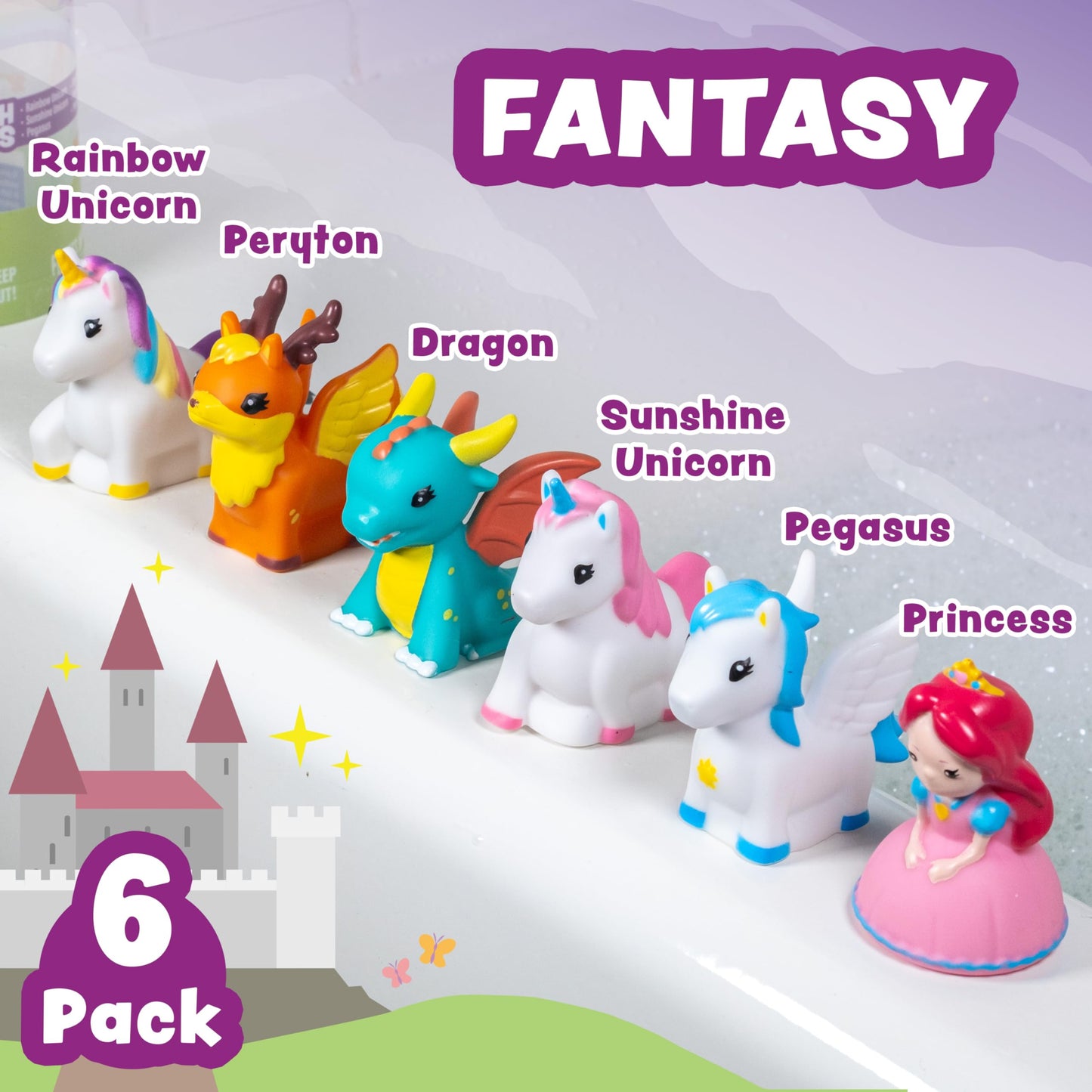 Tub Works® Fantasy Watertight Bath Toys, 6 Pack | Sealed, No Hole Bath Toys Design Keeps Moisture Out | Soft, Squeezable & Float on Water | Baby