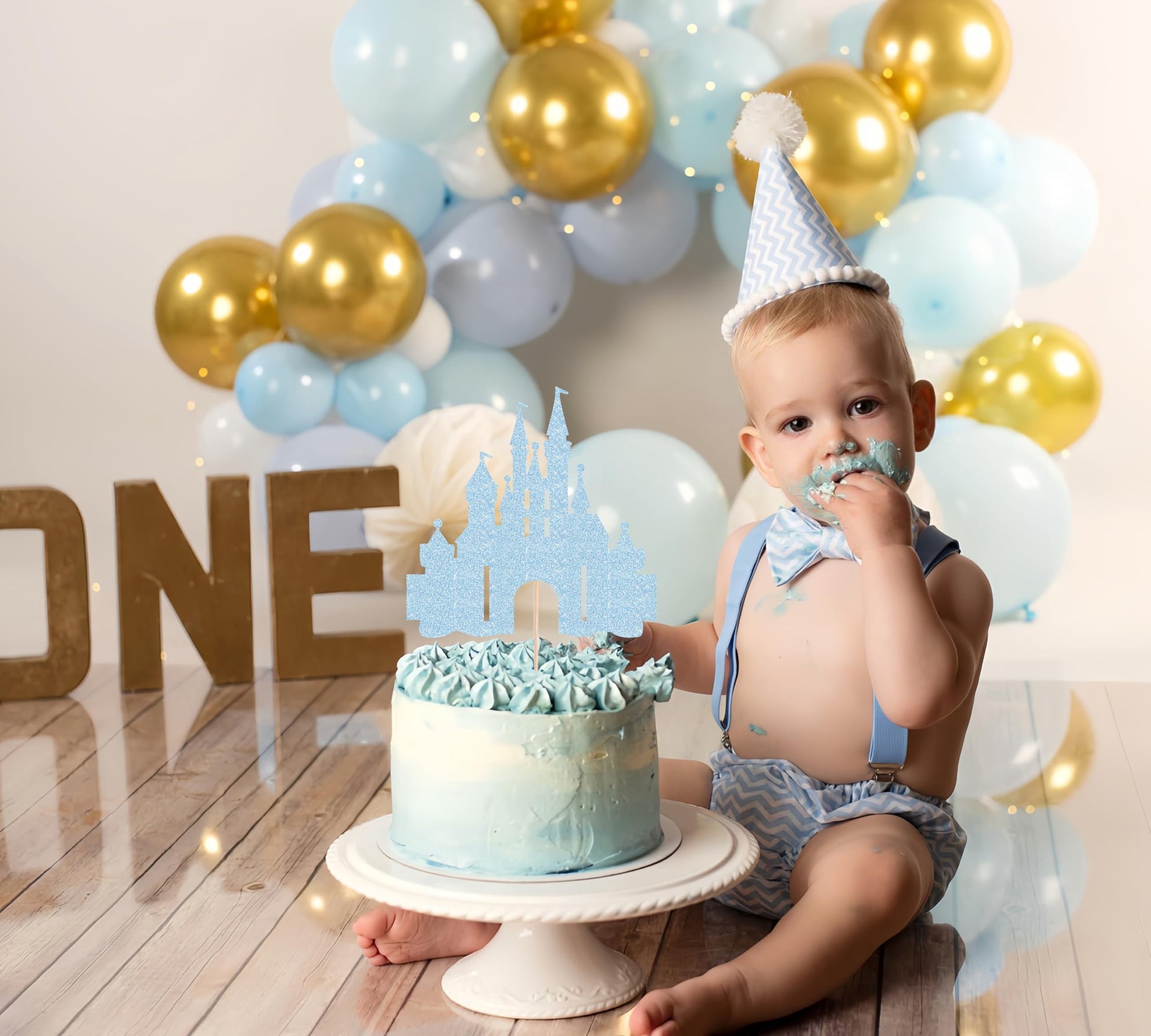 EONNCNT Castle Cake Topper - Light Blue Glitter Castle Theme Birthday Cake Decorating Supplies, Princess Prince Baby Shower Birthday Party Supplies