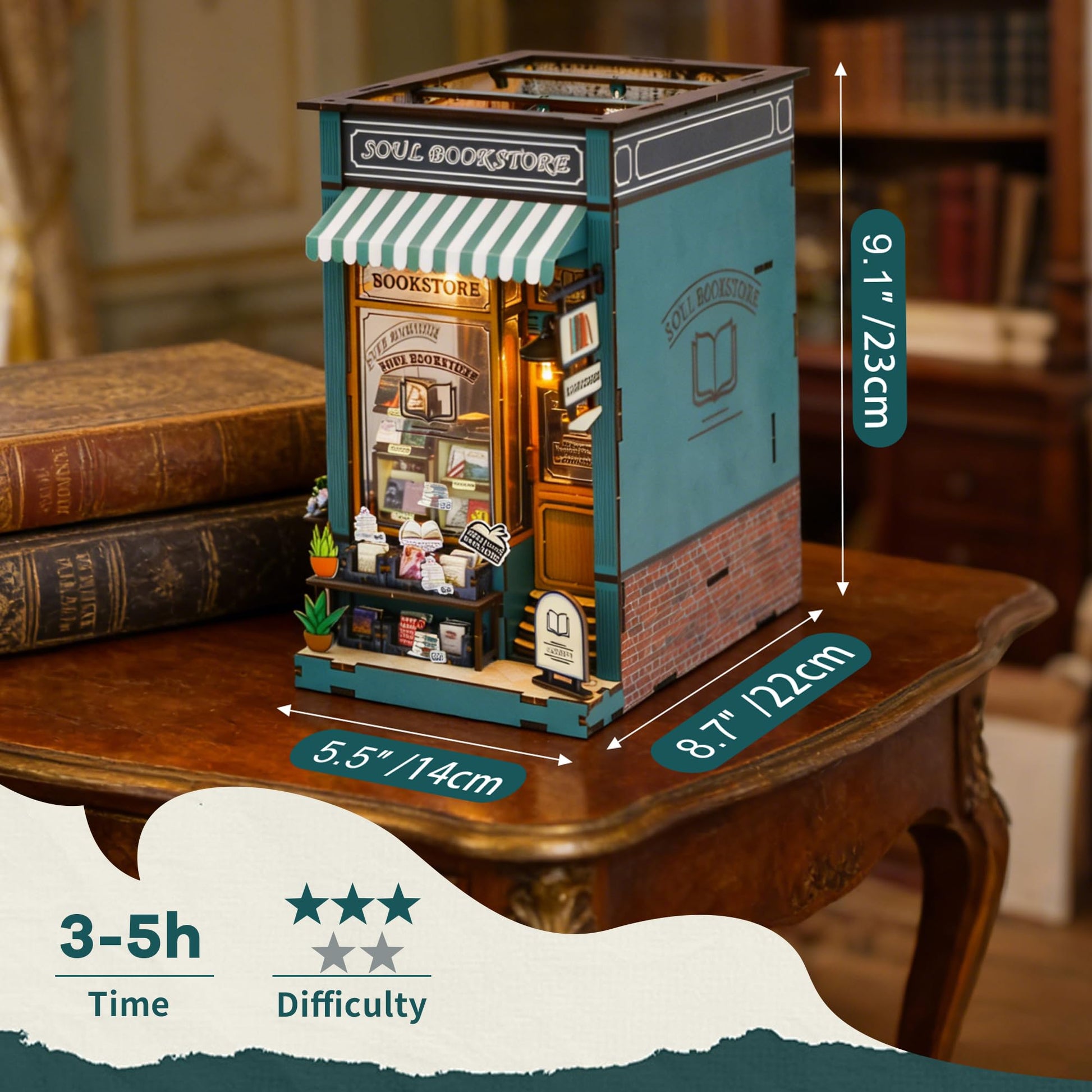 DIY Book Nook, Miniature House Kit with LED Lights (Soul Bookstore)