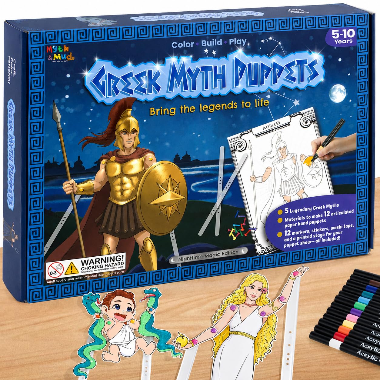 Greek Myths DIY Craft Kit for Kids Ages 5-10, Articulated Paper Puppets to Color, Build & Play, Bring Ancient Legends to Life, Fun Educational Gift