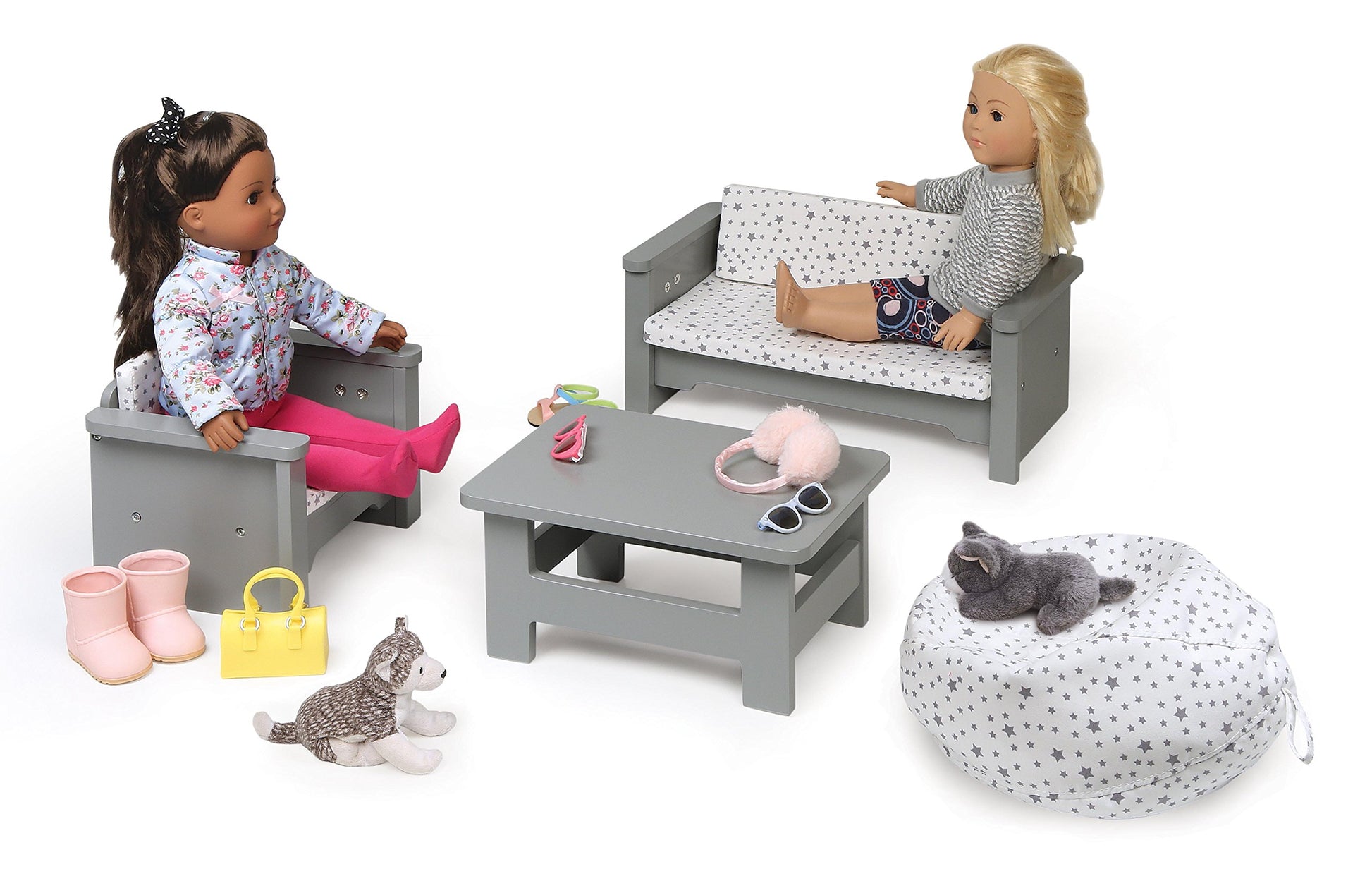 Badger Basket Living Room Furniture Set for 18 Inch Dolls - Includes Couch, Chair, Table & Beanbag