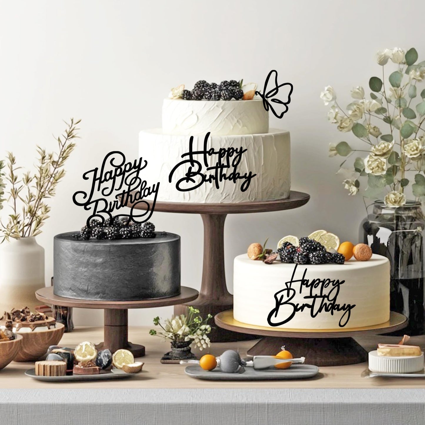 15 PCS Black Happy Birthday Cake Toppers Acrylic Mirror Inserts for Cakes Cupcakes Desserts 15 Styles