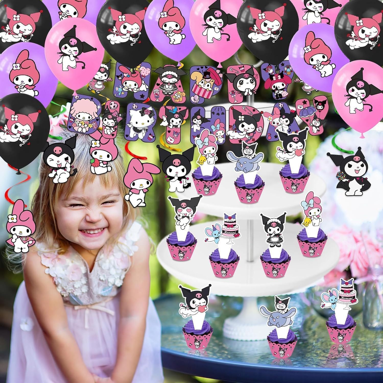 HANISNA 52PCS Kuromi Birthday Party Supplies, Party Decorations Set Include Banner, Balloons, Hanging Swirls, Cake Cupcake Toppers, Tablecloth