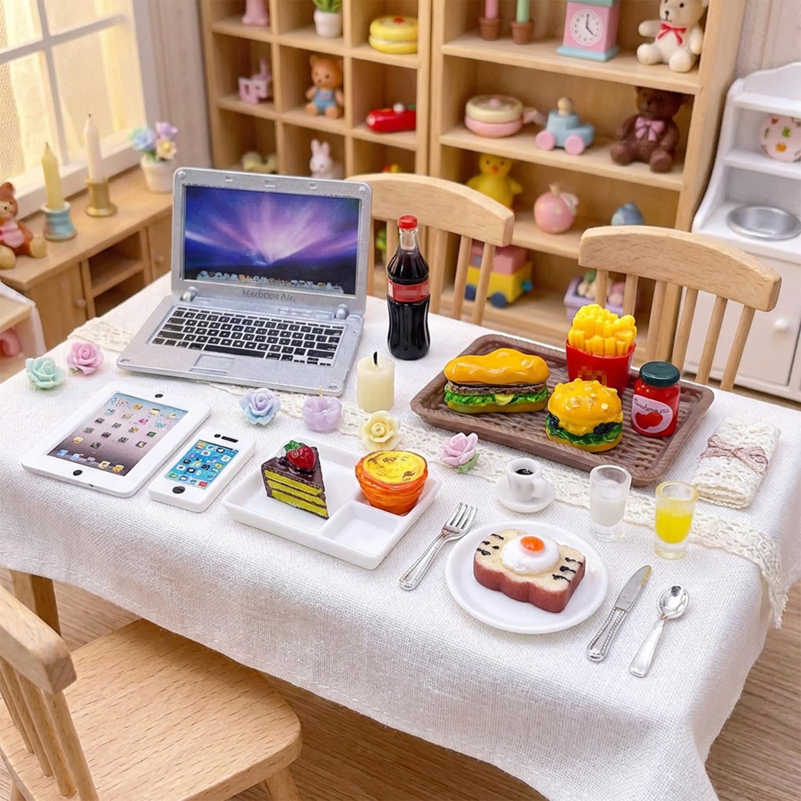 20Pcs Miniature Laptop Computer Tablet Toy Phone Pad and Hamburger Fries Cola Fast Food Cake Coffee Juice Fits Doll Accessories Scale Dollhouse