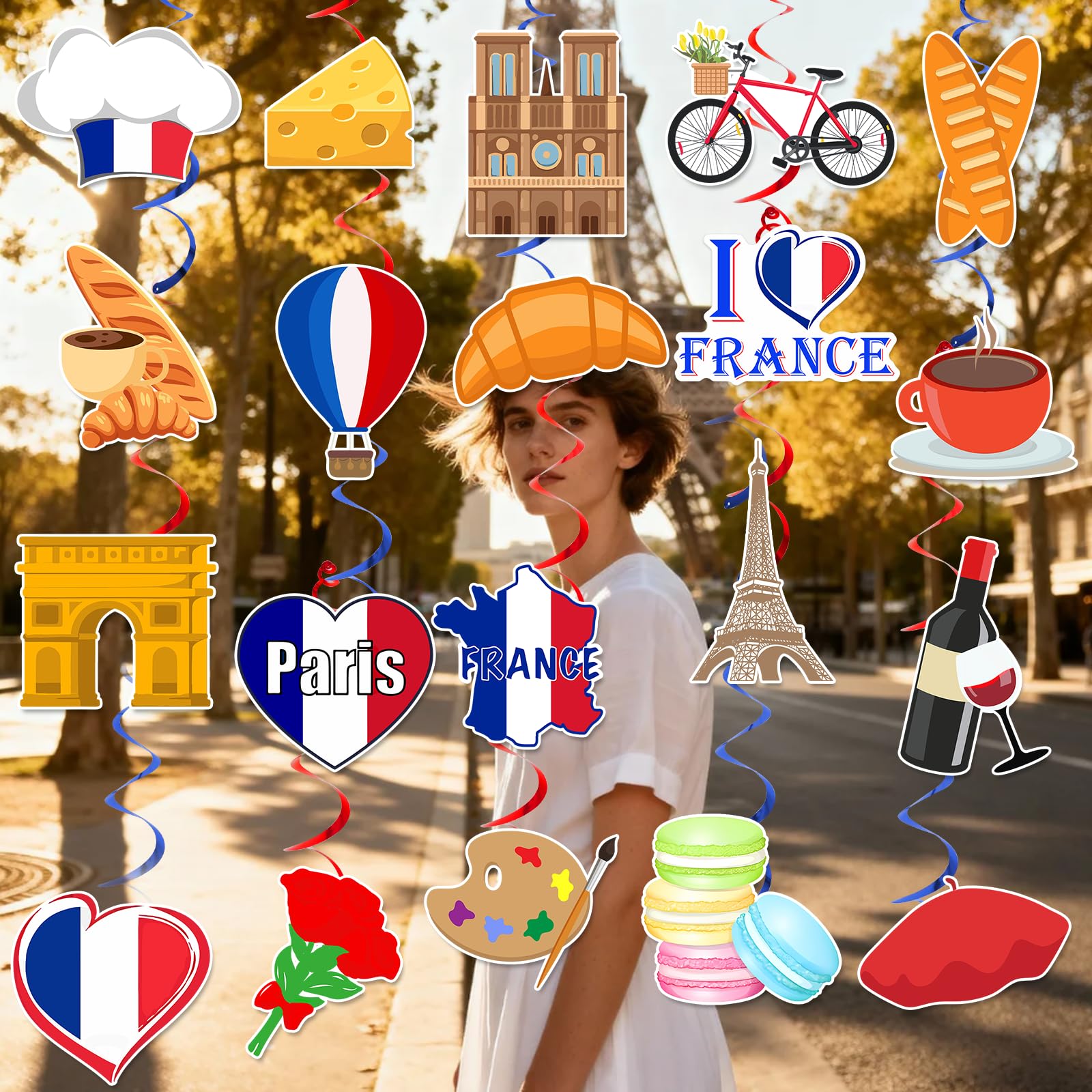 40 Pcs French Hanging Swirls Paris Themed Party Decorations Paris Birthday Party Decorations Eiffel Yower Ceiling Hanging Decor for Bastille Day
