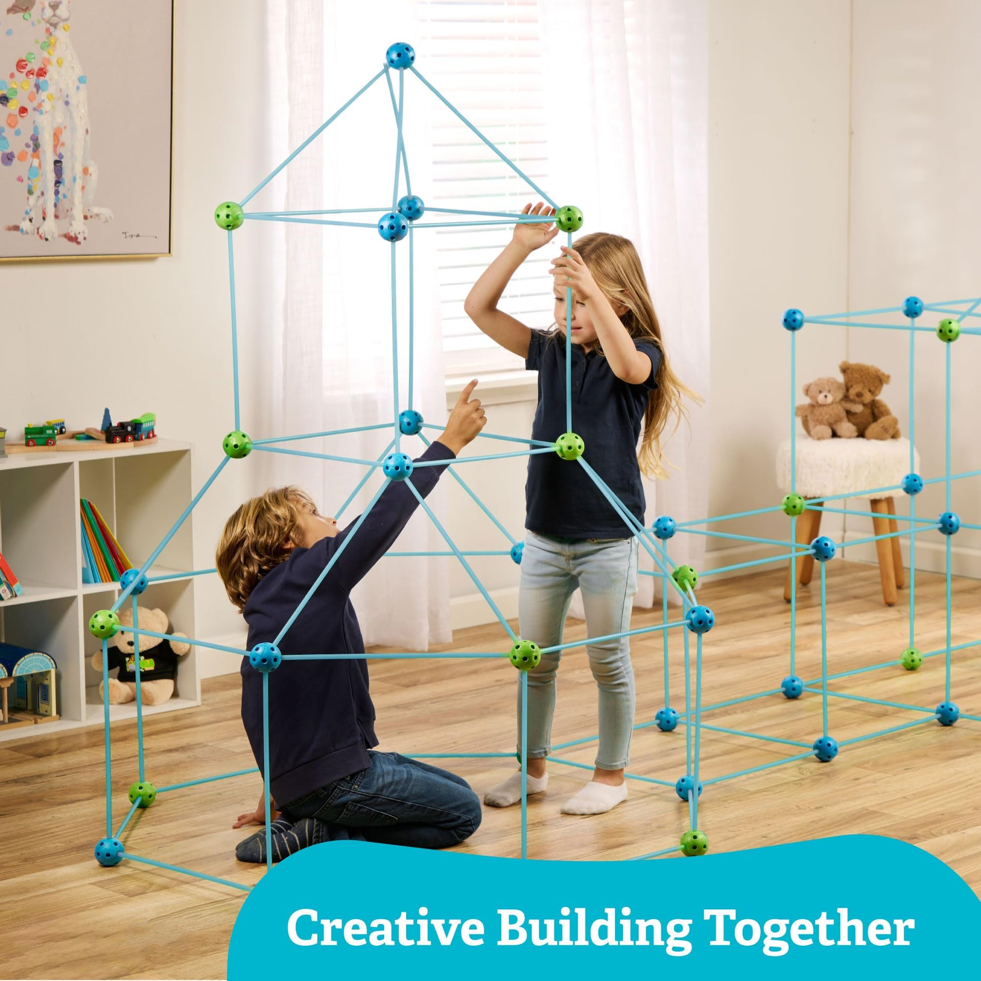 FUNbelievable! 132 Piece Fort Building Kit - Indoor Play Engineering Set with Connecting Sticks & Balls - Creative STEM Building Toys for Kids Play